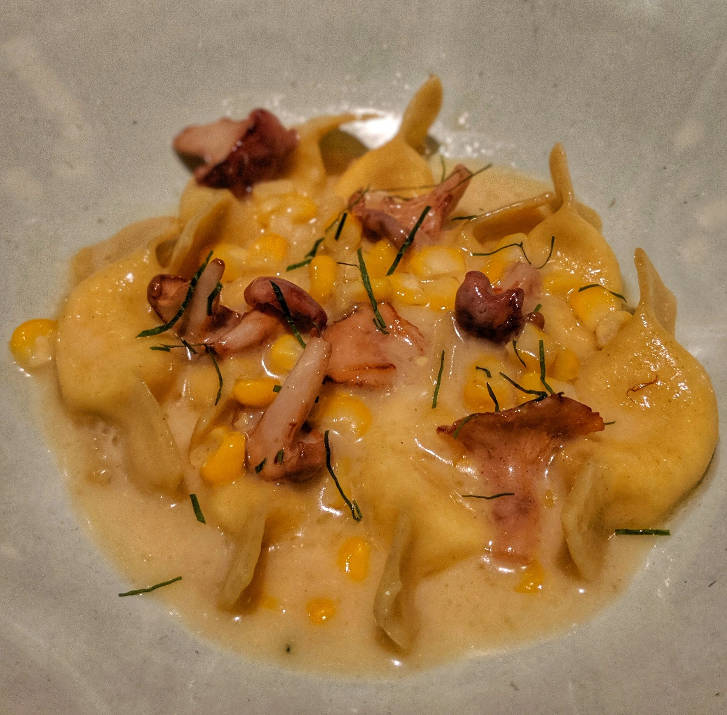 Caramelle pasta with corn and Chantarelles