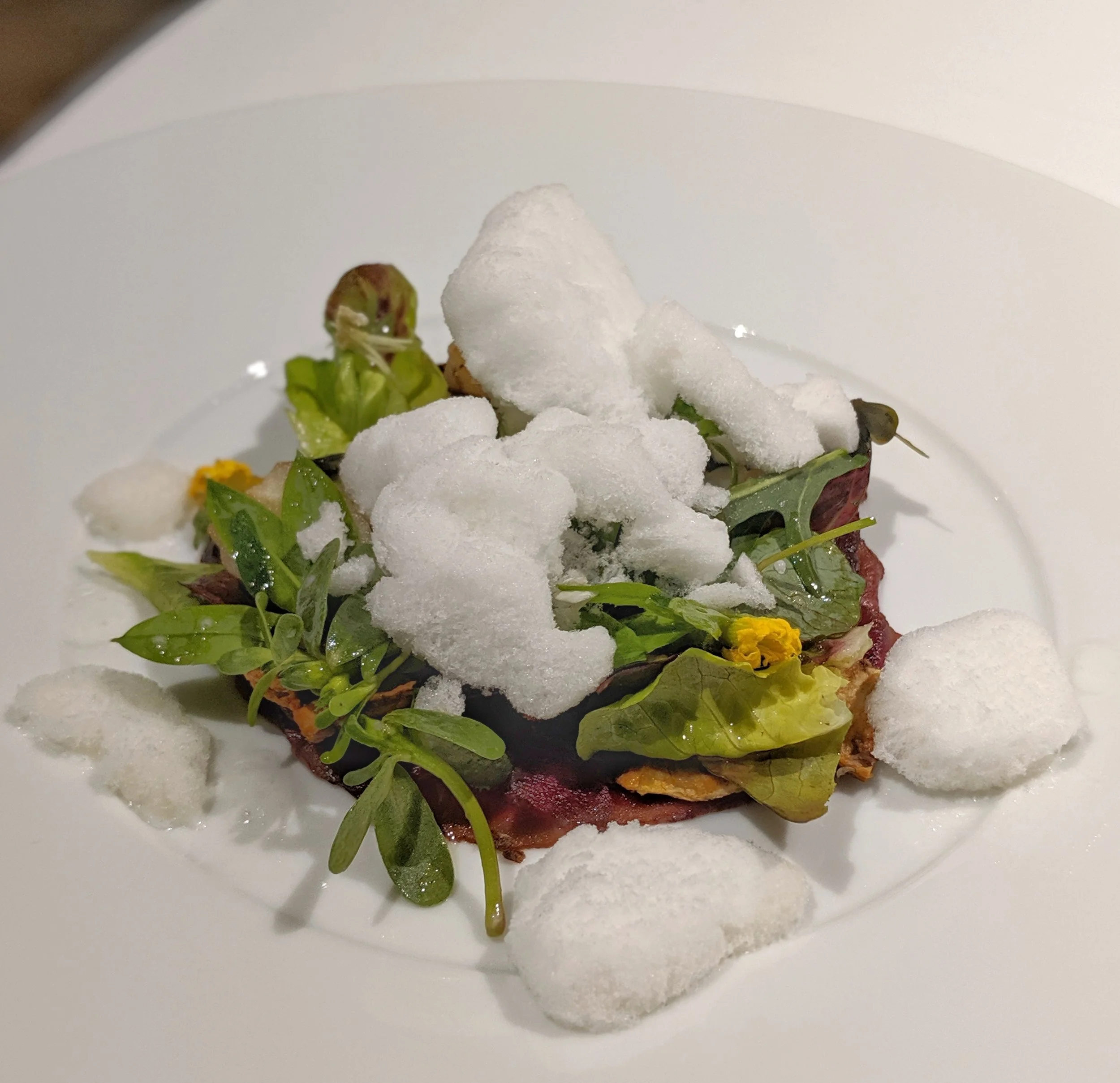 Messata di cervo marinata nel caffè e miso, chips di topinambur, insalata e erbe spontanee. Neve di acqua al pomodoro
