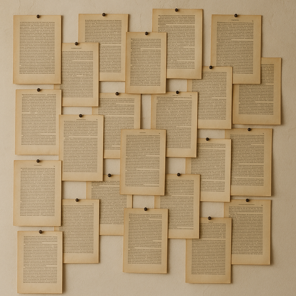 A bulletin board with multiple pages of printed text pinned with black pushpins on a neutral-colored wall.