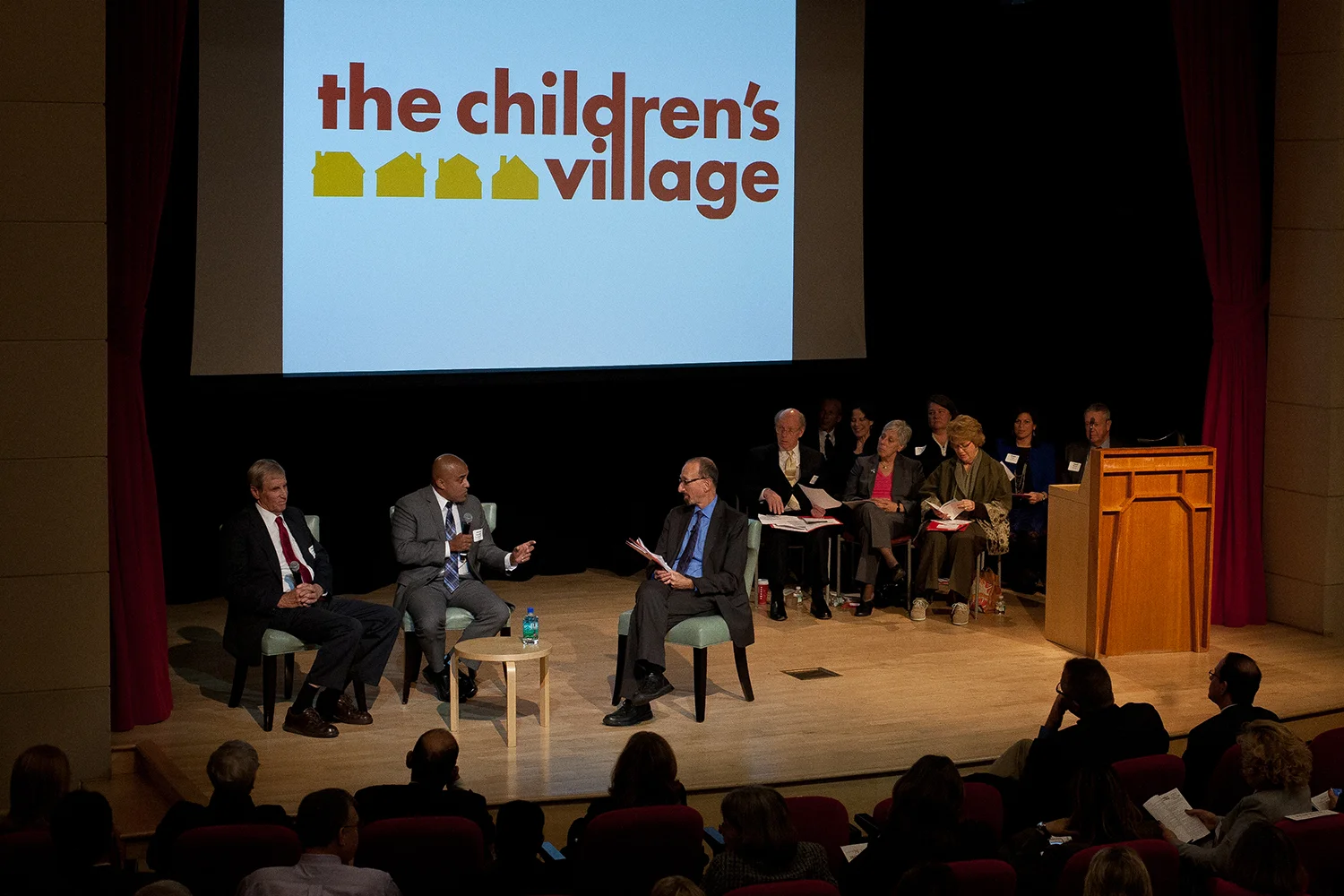 Paul H. Jenkel, chairman of the board of trustees of The Children's Village, Dr. Jeremy C. Kohomban, president & CEO of The Children's Village, and moderator Brian Lehrer, host of The Brian Lehrer Show on WNYC.
The 2013 New York Community Trust-New York Magazine Nonprofit Excellence Awards took place Thursday, Nov. 21, 2013, at Scholastic Auditorium in New York, NY.