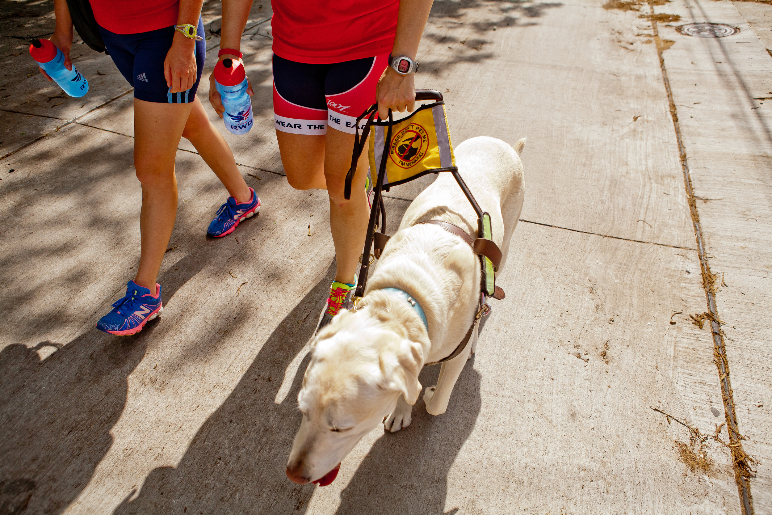  Amy Dixon (center), a visually impaired sommelier and triathlete, and her guide Caroline Gaynor, co-triathlon director at Team Red, White & Blue, return from a training run with her guide dog Elvis ahead of the 2014 Dallas Panamerican Triathlon Conf