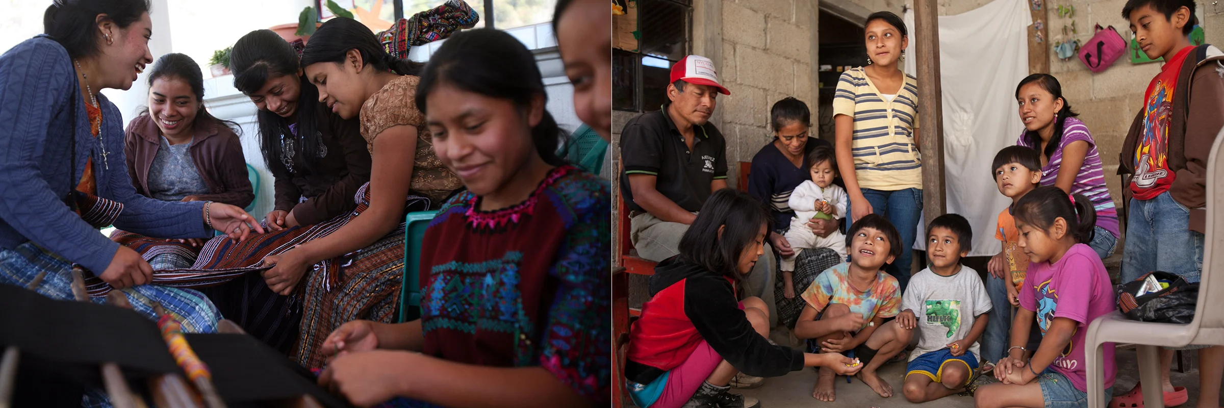  Left: Girls show one another the different types of weaving from their different villages during a mentoring session. // Right: Luz, second from left, with her husband and their nine children in their home in Panajachel, Guatemala. 