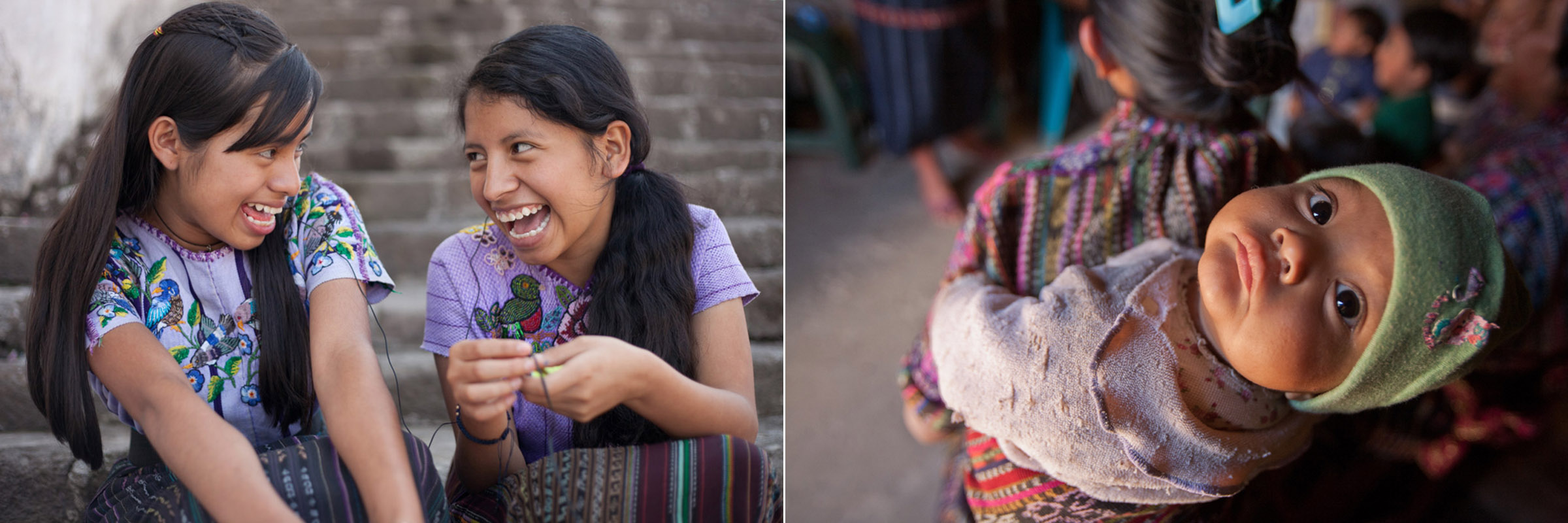  Left: Leticia and Lisette share headphones and listen to music in the town square after a mentorship session in Santiago Atitlan. // Right: An infant is strapped to the back of her mother in their home in Solola, Guatemala. The poorest 20% of Guatem