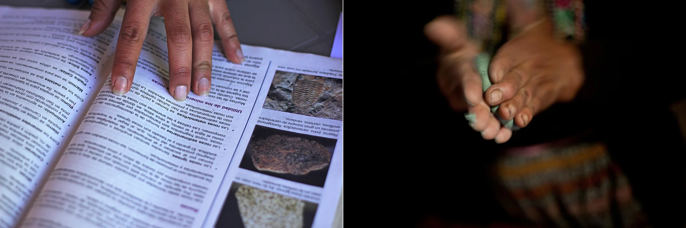  Left: Francisca, a high school senior, studies science. // Right: An indigenous Mayan grandmother makes tortillas by hand for her family in Solola. 