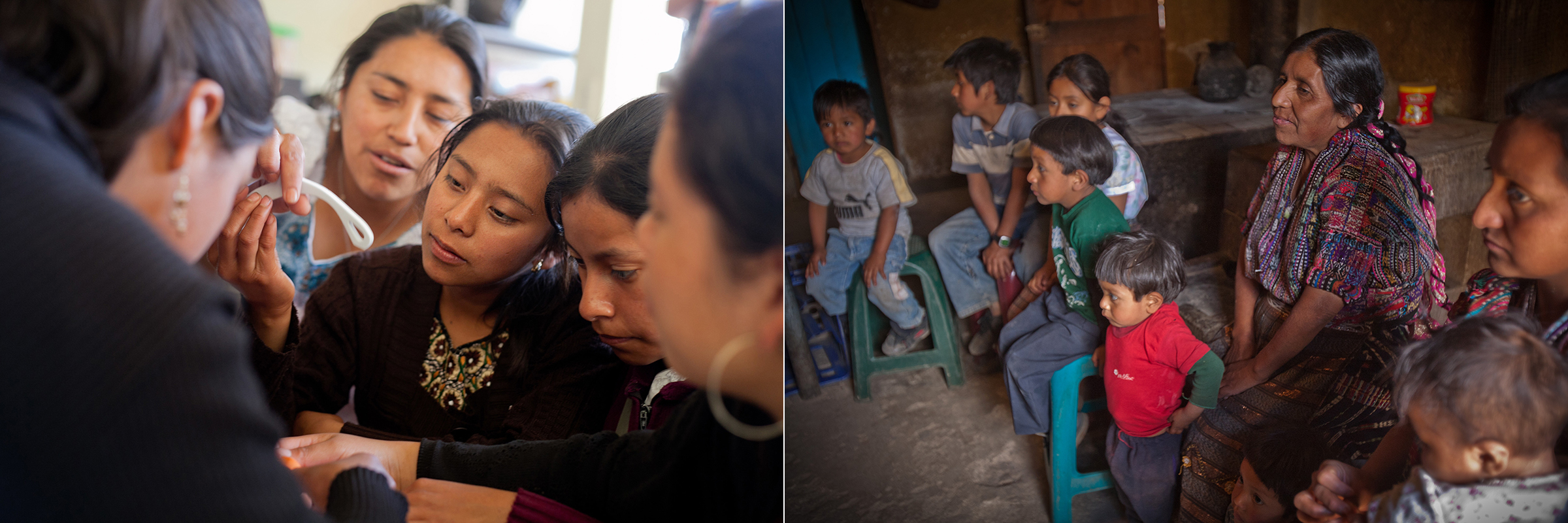  Left: High school students learn about reproductive health during a mentoring session during a mentoring session with Starfish One by One in Panajachel. // Right: Josefa, a mother of 12, sits among her children and grandchildren at her home in Solol
