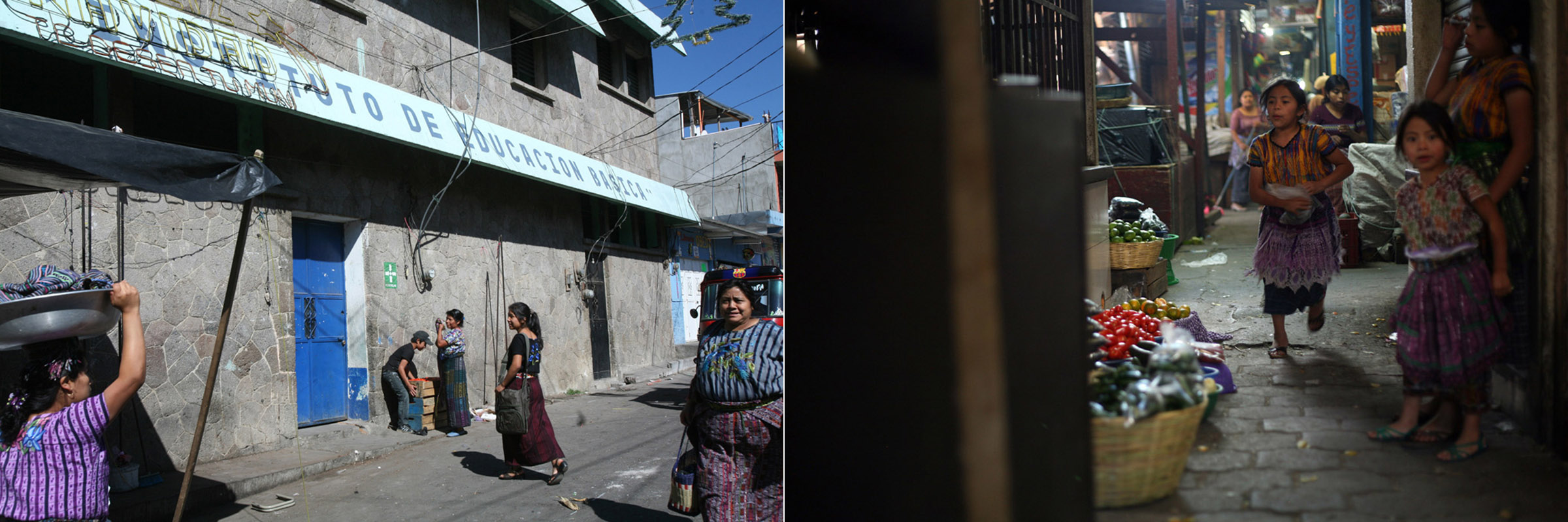  Left: Francisca, a high school senior, walks to school amid working women. // Right: Young girls work in the local market. 