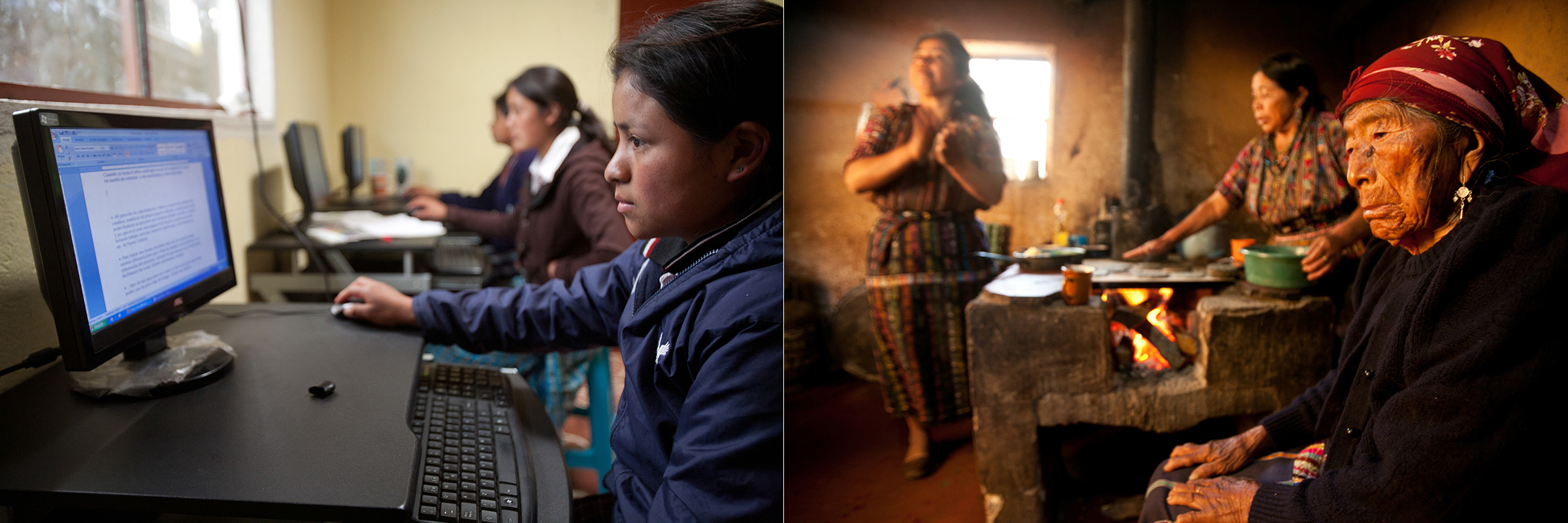  Left: A teen works on the computer in the Starfish One by One office in Solola, Guatemala. // Right: Three generations of indigenous Mayan women make breakfast in their home in Solola, Guatemala. Women in this community work primarily in the home co