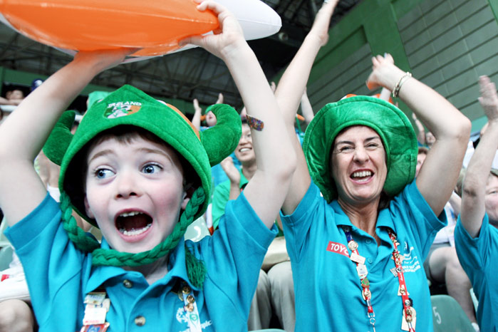 Luke O’Brien, 6, and his mother Carolina celebrate a basket made by the Irish women’s 5-a-side basketball team during their match against Egypt during the 2007 Special Olympic World Summer Games in Shanghai, China. Caroline’s daughter, Aisling, is a member of the Irish squad.