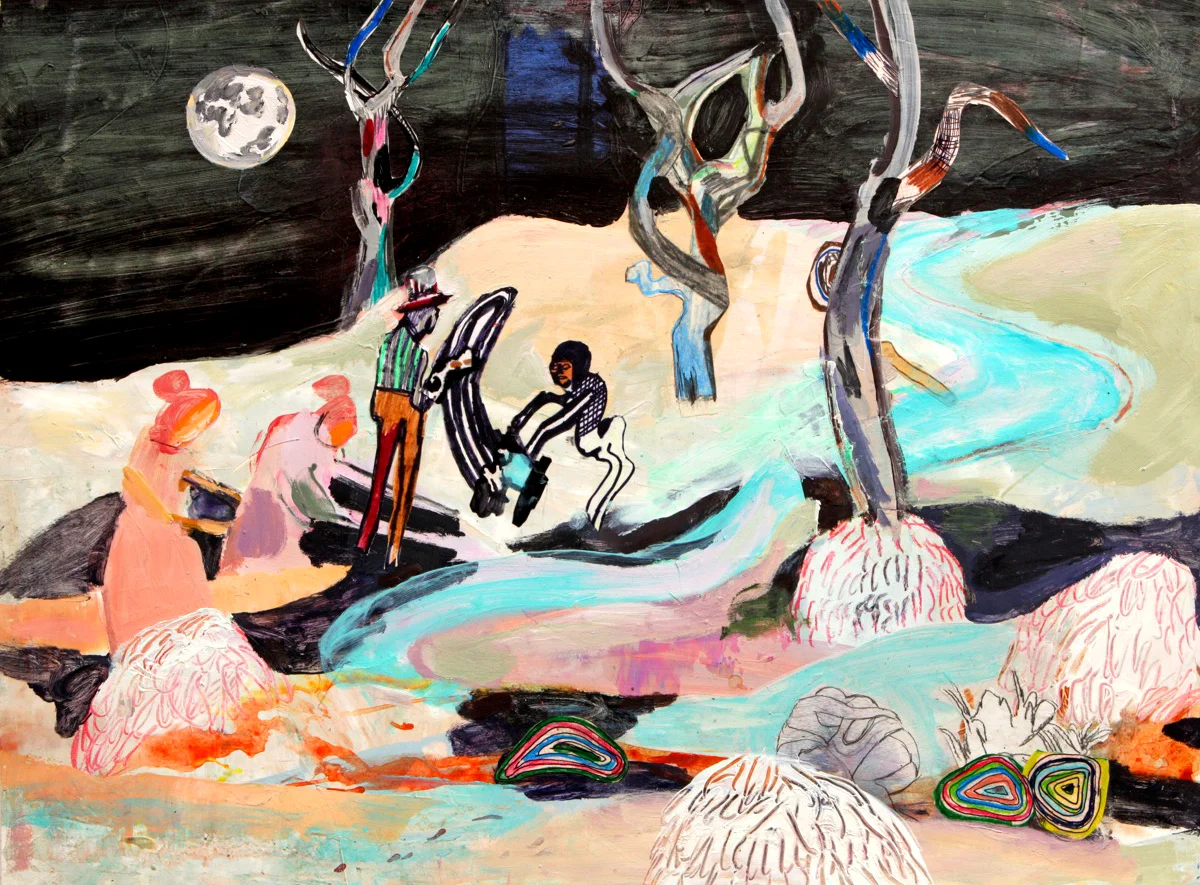 Impenetrable Moon, 2018, Acrylic, China Marker, Collage, Graphite and Ink on Paper, 22 x 29 Inches