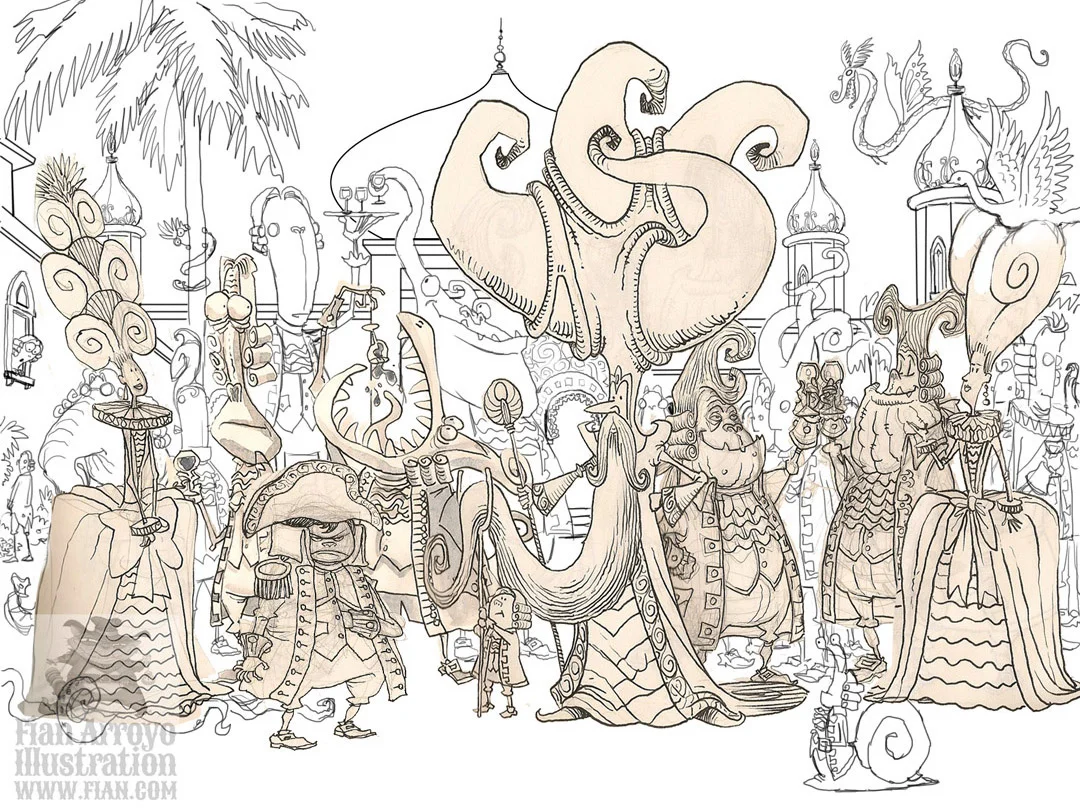 Rough sketch with doodles from my sketchbook added. Getting our cast of characters into their places. Places everyone!!!