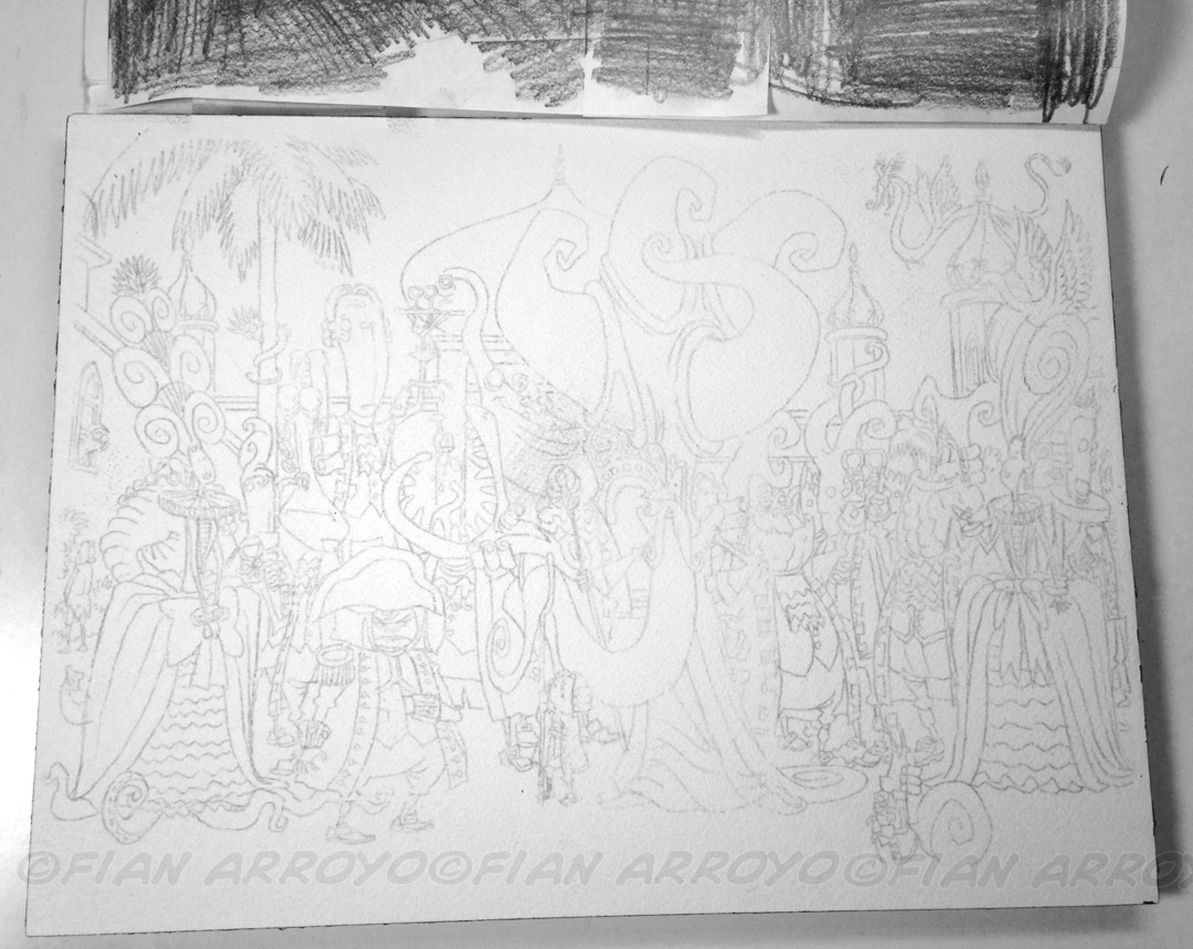 Transferring the sketch to the watercolor paper block. I print out the sketch then rub the back of it with a graphite pencil and trace the image onto the paper.