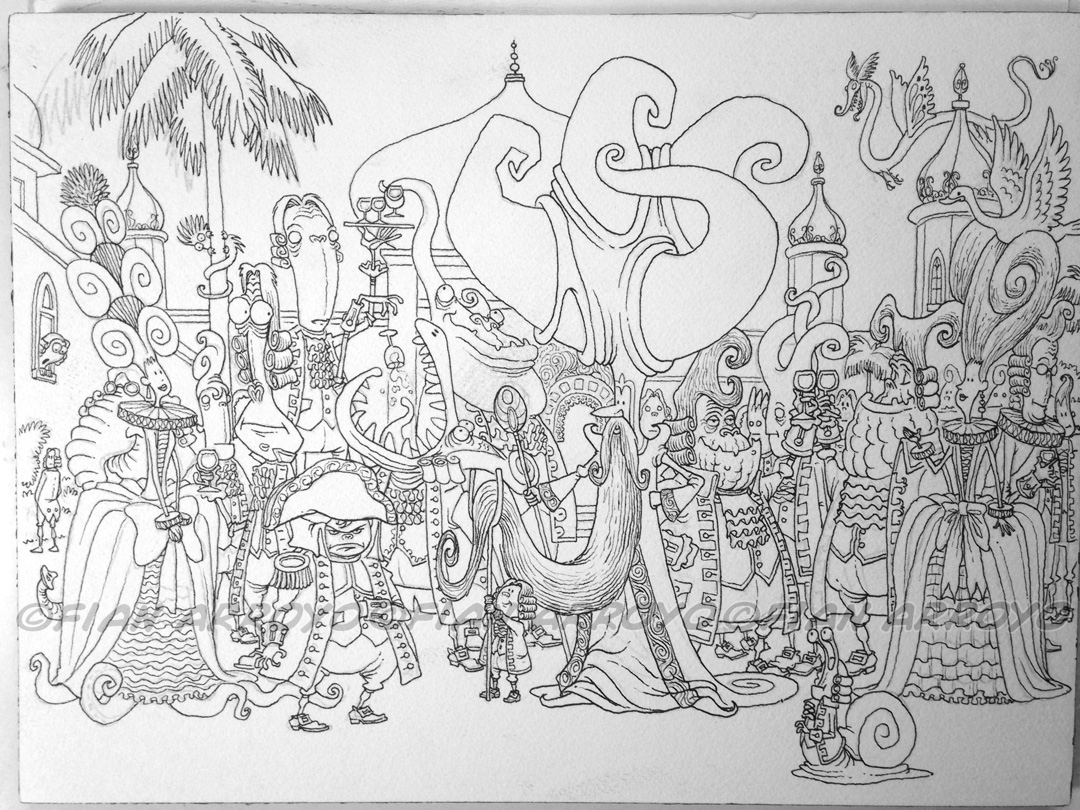 The outline inking. The main line work right before the detail comes in. The grand vizier is getting ansy...he wants to see how he will look in color.