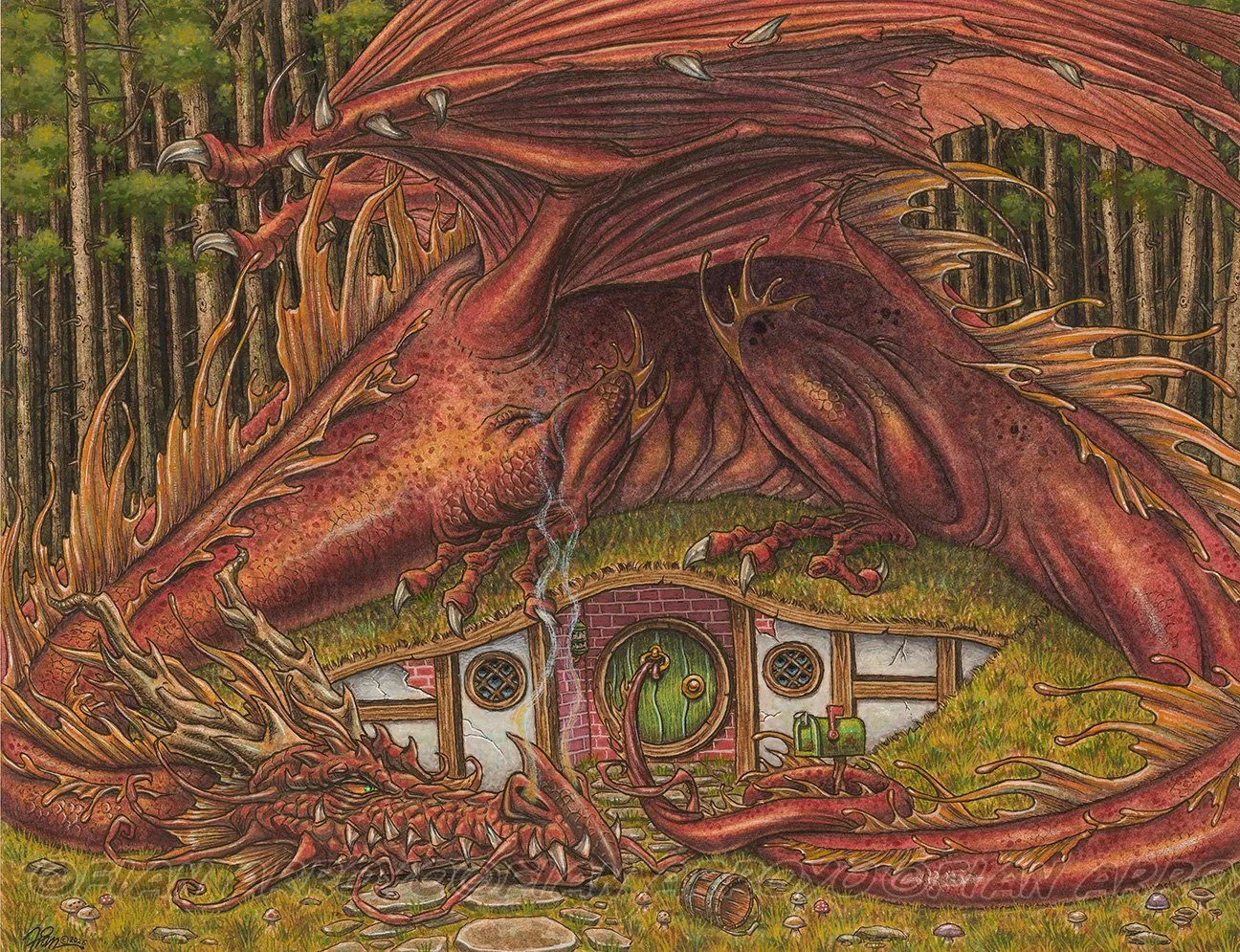  “Knock Knock” is a watercolor and ink painting of a hungry dragon looking for a Hobbit sized snack.  ©2026 Fian Arroyo 