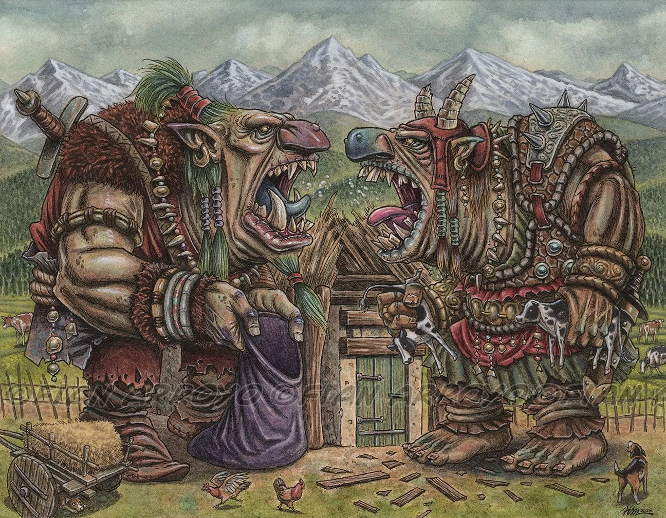  Trolls aren’t always the easiest to get along with… even with each other.  “Beef Over the Spoils” captures two cattle-rustling trolls already arguing over the loot before the heist is even finished. It was an absolute blast designing these character