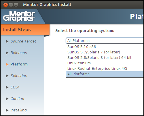 Installation Screen of Mentor Questa - Select the operating system