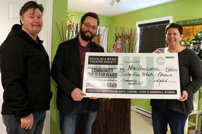 Photo credit: Carole Morris Underhill - The Hants Journal Quick As A Wink Theatre representatives Robert Lee and Mark Wainman presented Marilyn Thomas, the executive director of New Boundaries, with a donation of 65 tickets for their upcoming show Annie.