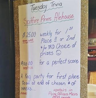 The poster at the Spitfire Arms advertising Pub Trivia. Look at all the great prizes on the line!
