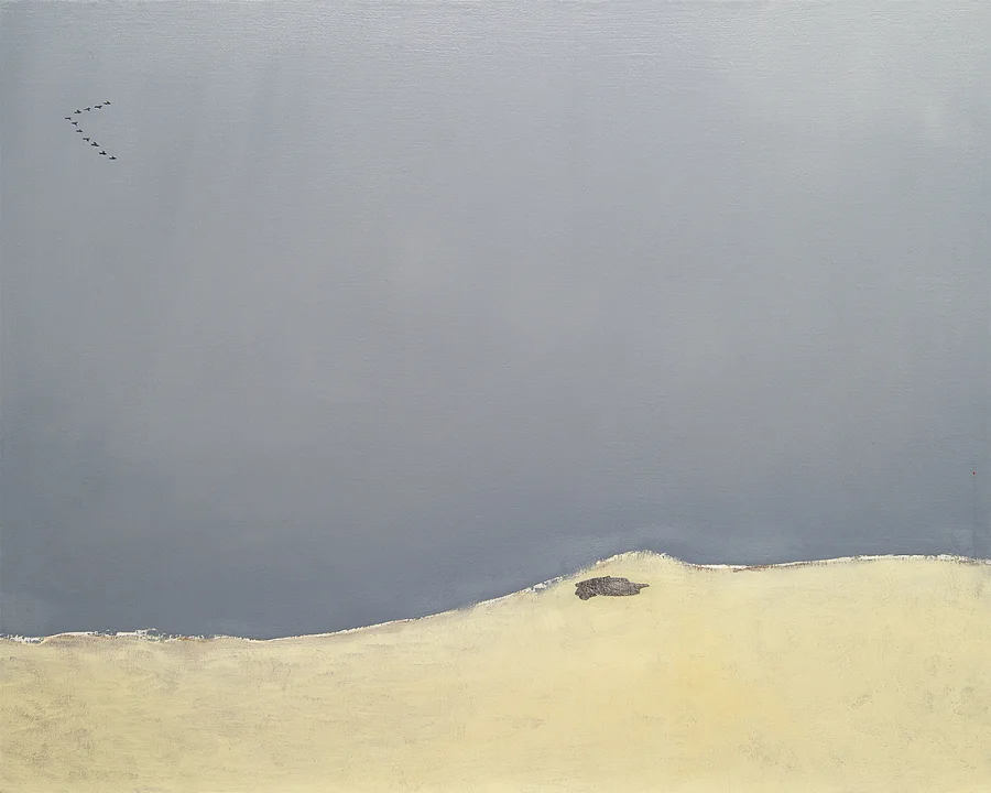  Geese (silver lake), 40x32 inches, oil and silver leaf on linen, 2015 