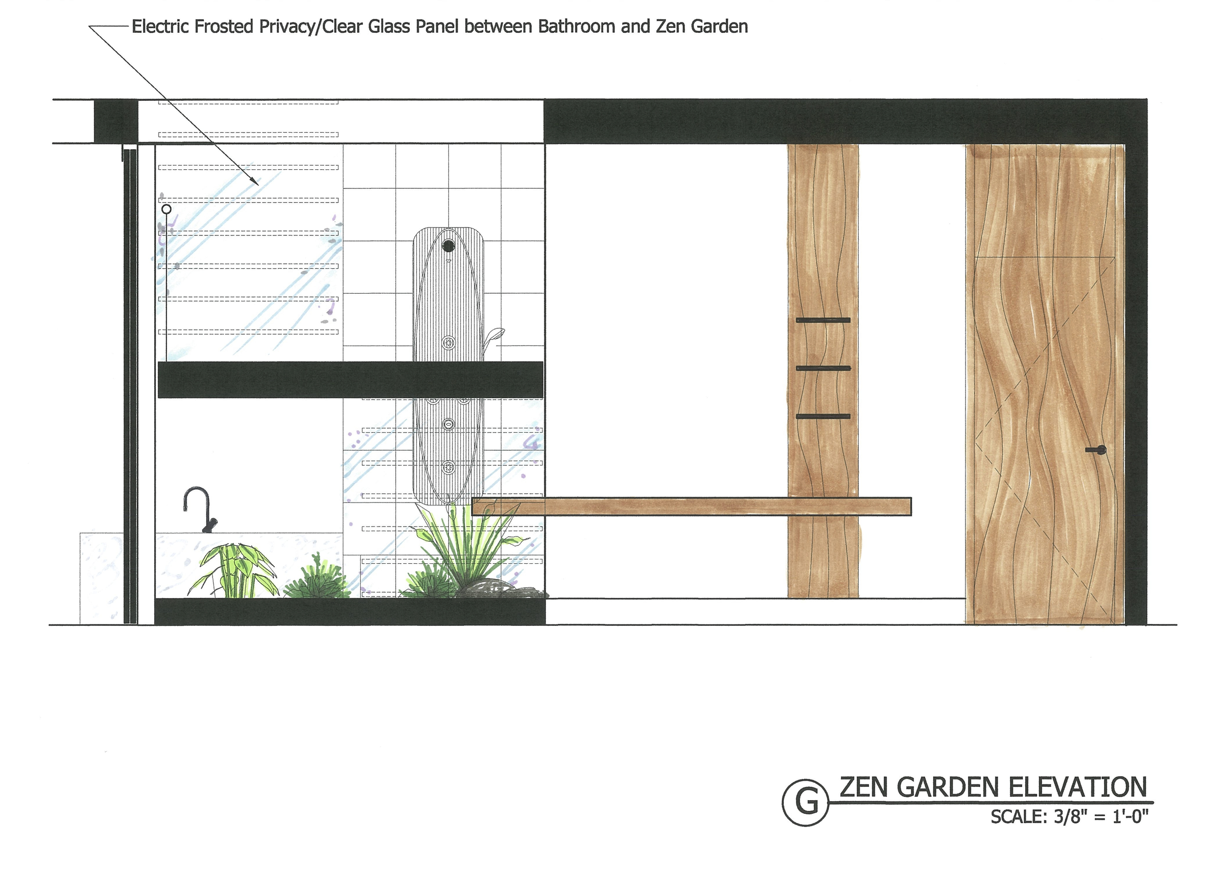 An interior atrium around the stairwell allows light to flow into the center of the space from the skylight in the level above. An electrified frosted glass wall between the shower/tub area and atrium allows a view to the atrium when desired and at the flip of a switch total privacy.