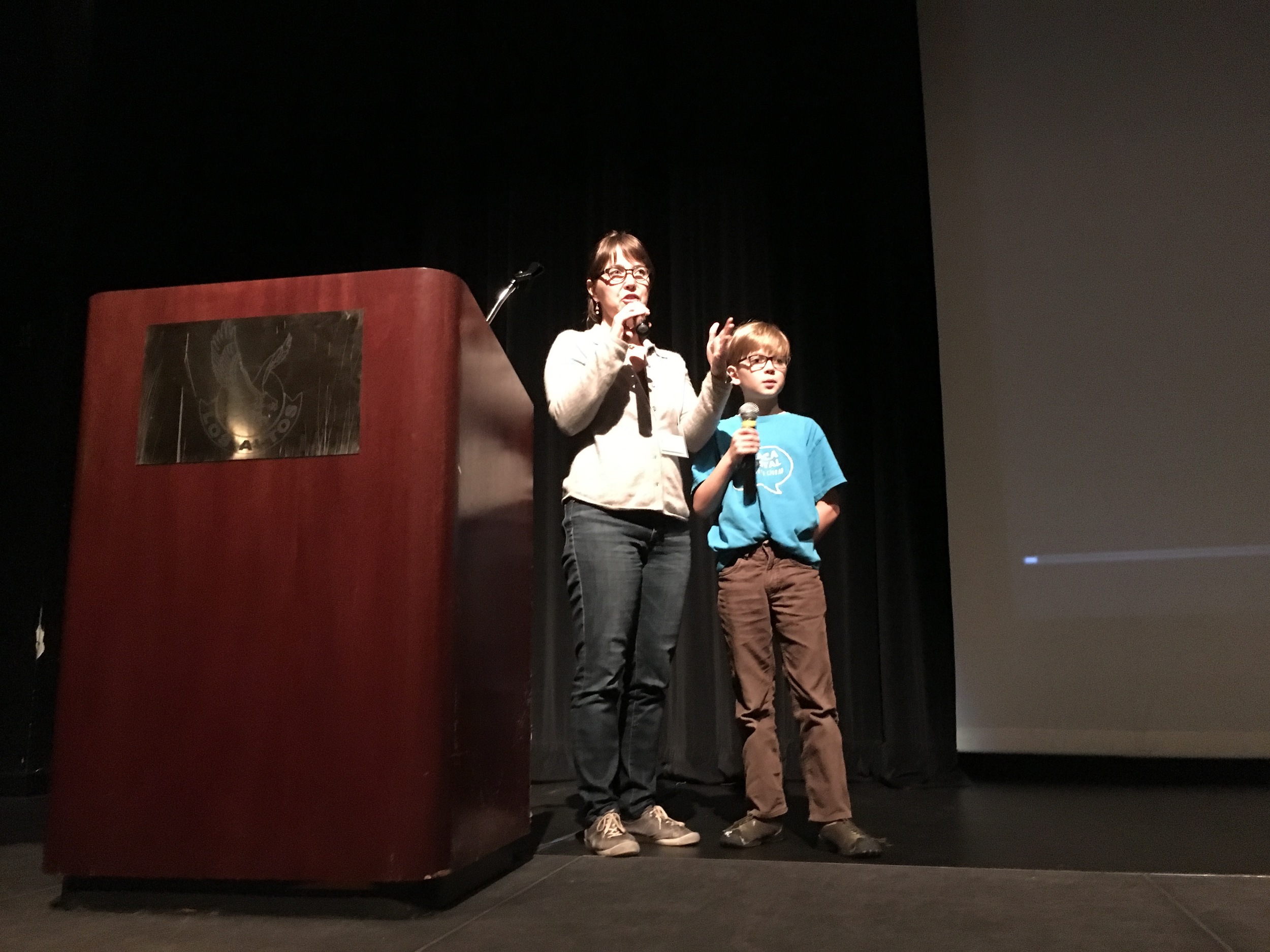 Vanessa and Elliot answer questions at a Los Altos High School screening of Worse Than Poop!