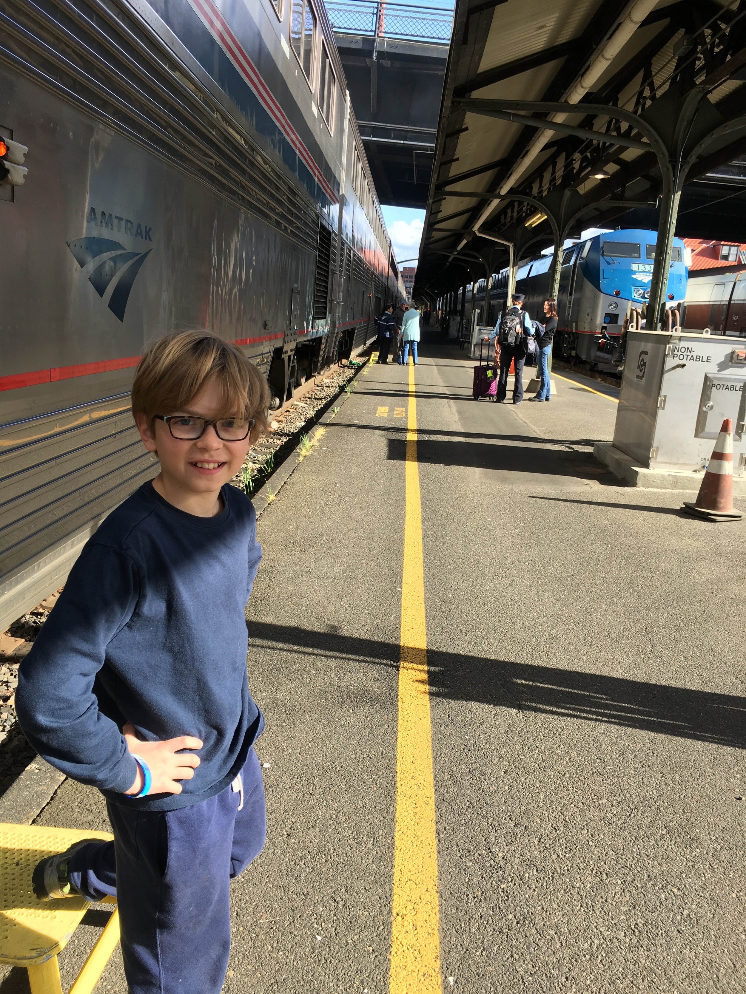 Stretching our legs at the Portland Amtrak station.