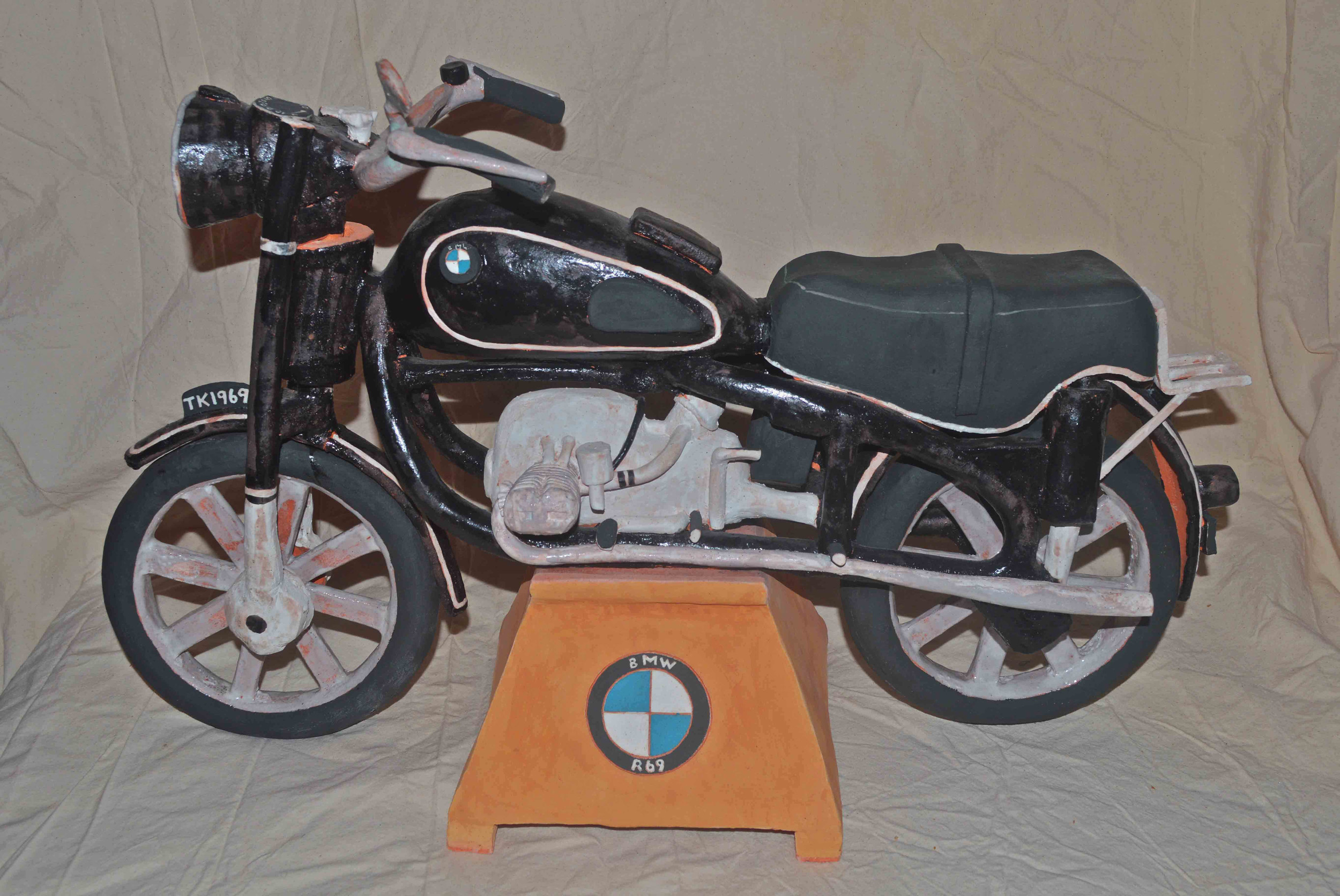 1969 BMW R69. A dedication to my cousin Ted who passed away way too soon. Stoneware clay fired to cone 2 reduction 