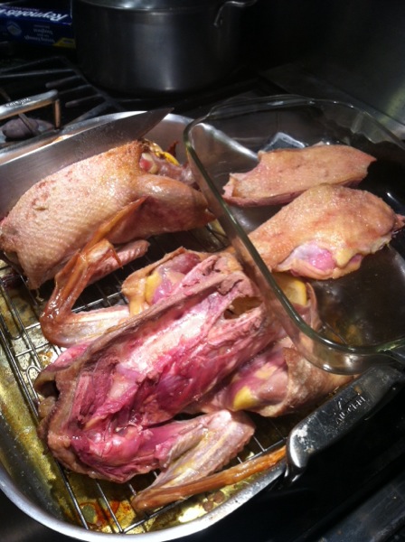 Carve off the breast meat and tent with foil. Return the roasting pan to the oven and cook until the thickest part of the thigh reaches at least 165'.