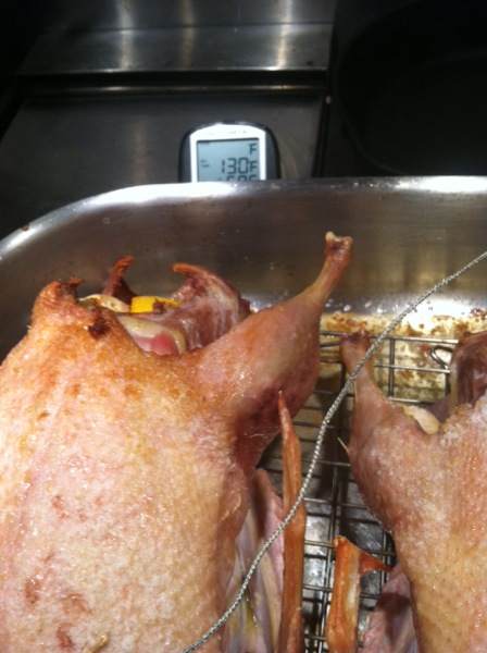 Remove from the oven when the breast meat reaches 130-140'. It took about 45 minutes to reach 130". In the future I will probably allow the temperature to reach 135'. 