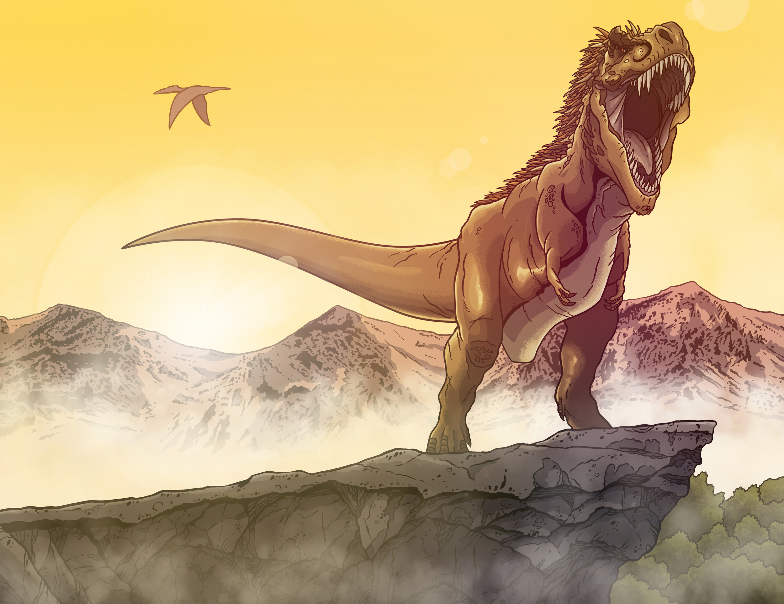 A newly debuted illustration, "T.rex Sunrise."