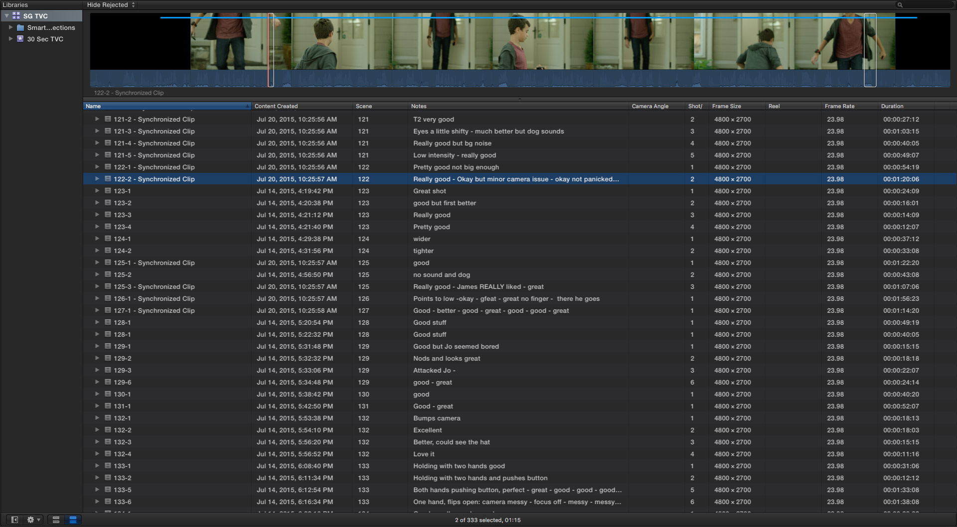 A perfectly organized library with on-set notes fully integrated thanks to Shot Notes X