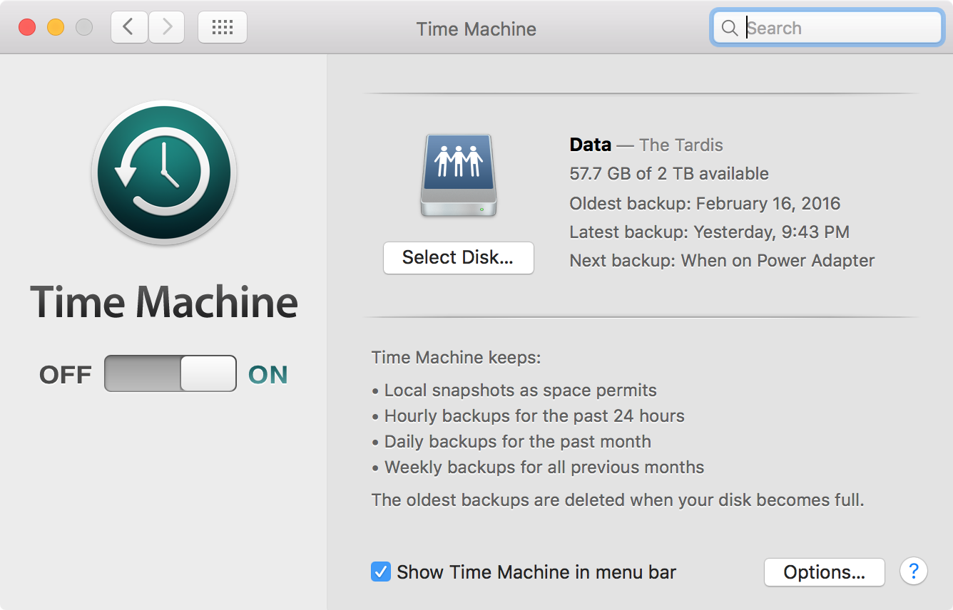 The Time Machine preference pane. As you can see my backups date back to earlier this February.
