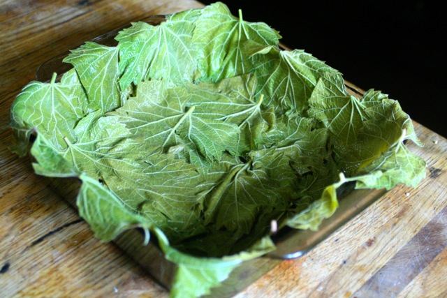 When making a grape leaf pie ensure the entire pan is covered with leaves overhanging the edges
