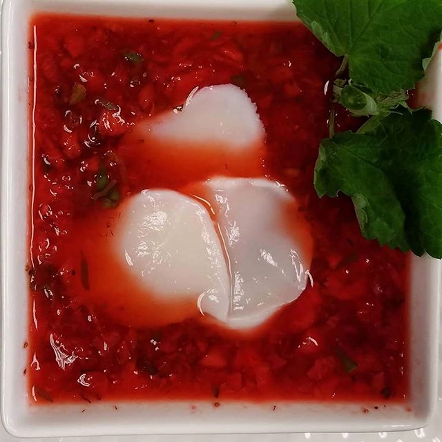 strawberry gazpacho, koji cured scallop