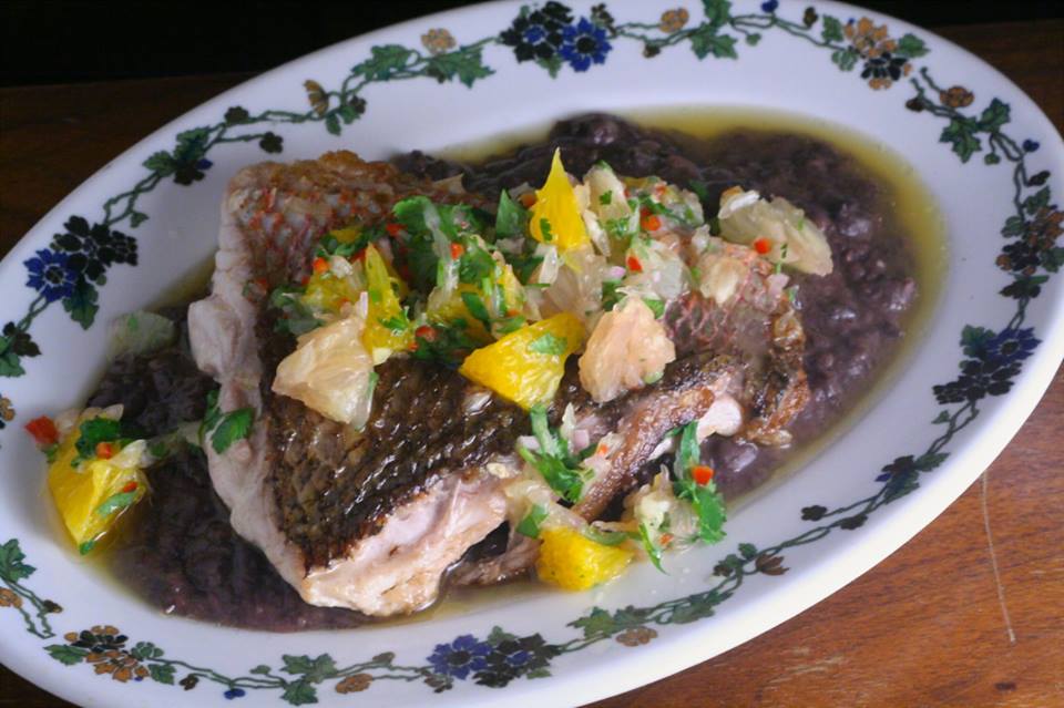 red snapper, smokey black beans, citrus salsa