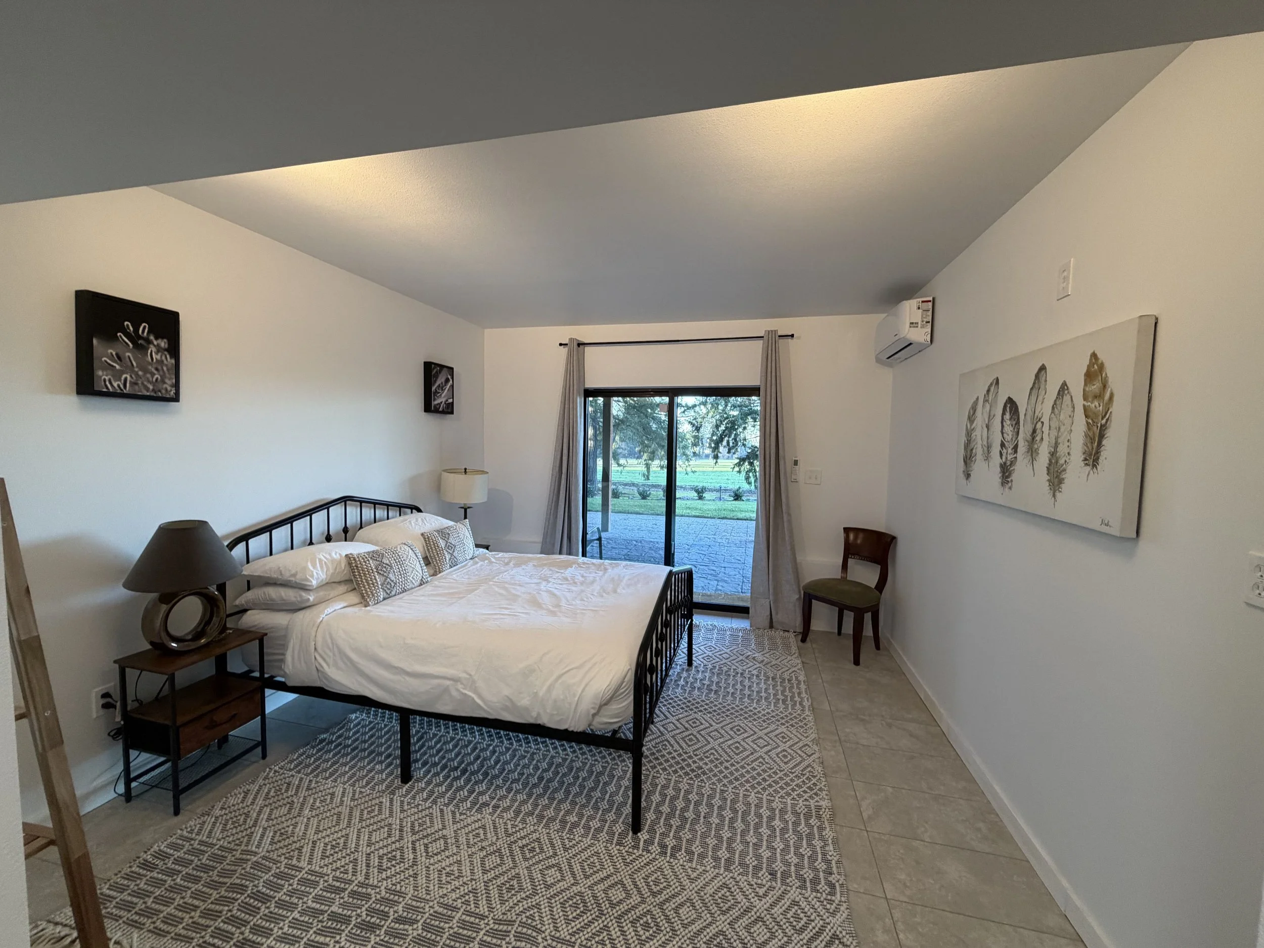 Modern bedroom with a black metal bed frame, white bedding, and decorative pillows. There are two nightstands with lamps, a sliding glass door with curtains, a chair, and a large artwork of feathers on the wall.