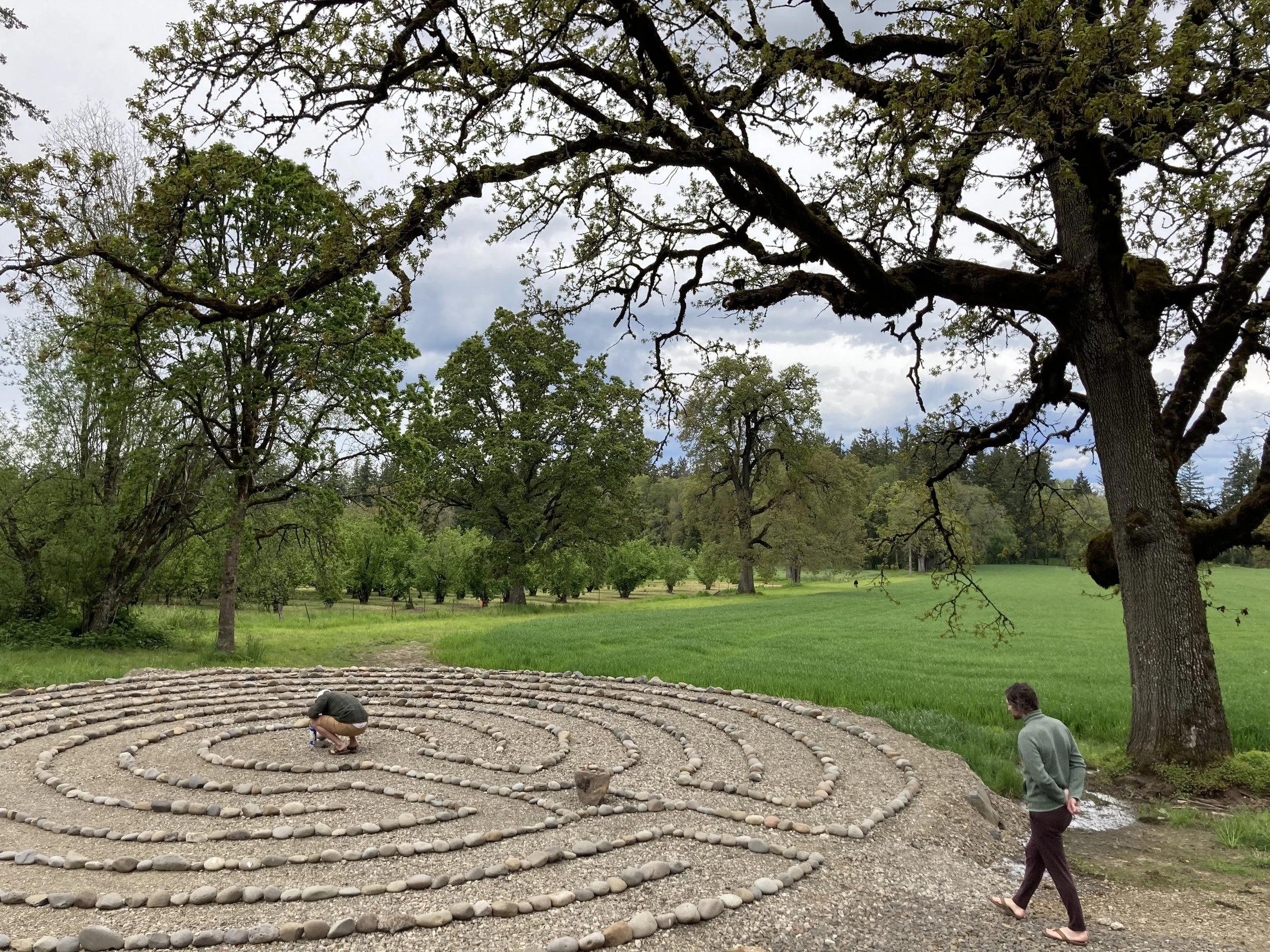 Two children playing on a spiral rock path in a grassy park with trees and cloudy sky.