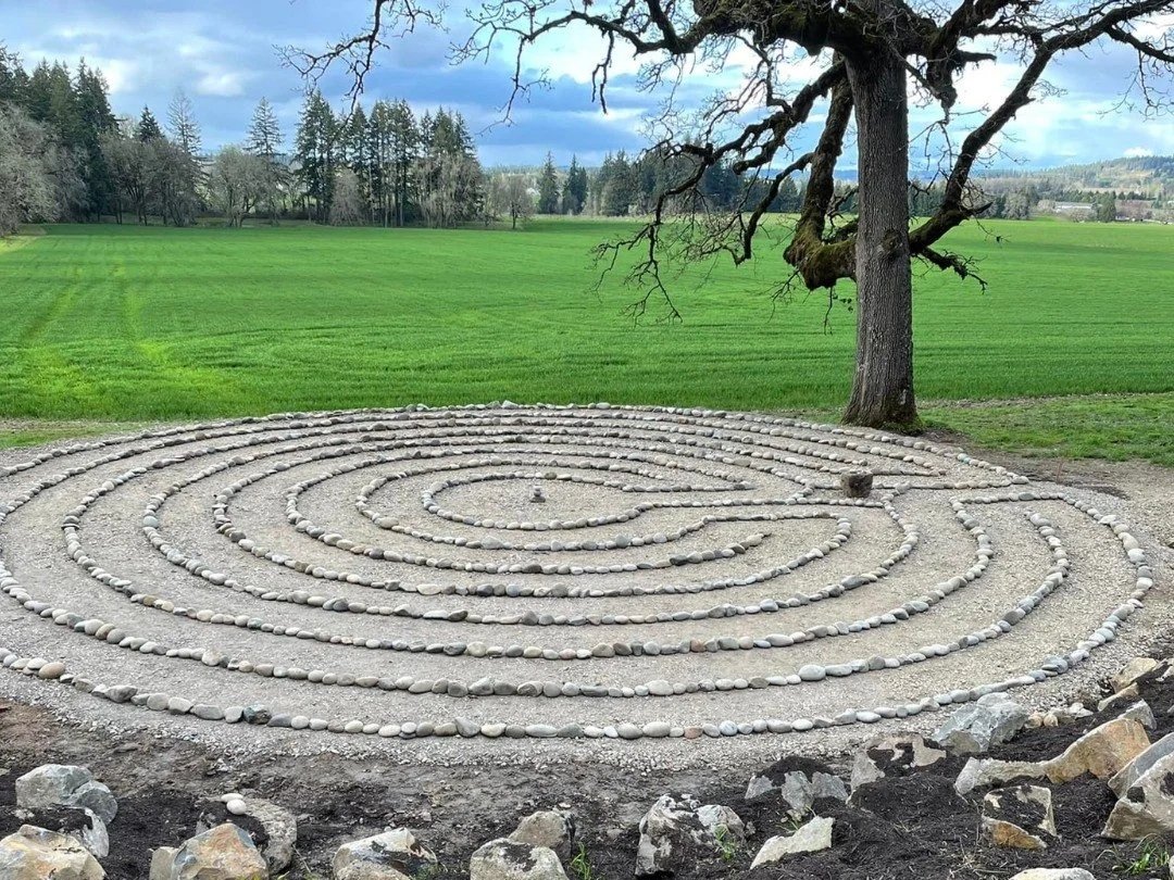 A spiral garden made of rocks in a grassy field with a large leafless tree nearby and a cloudy sky in the background.
