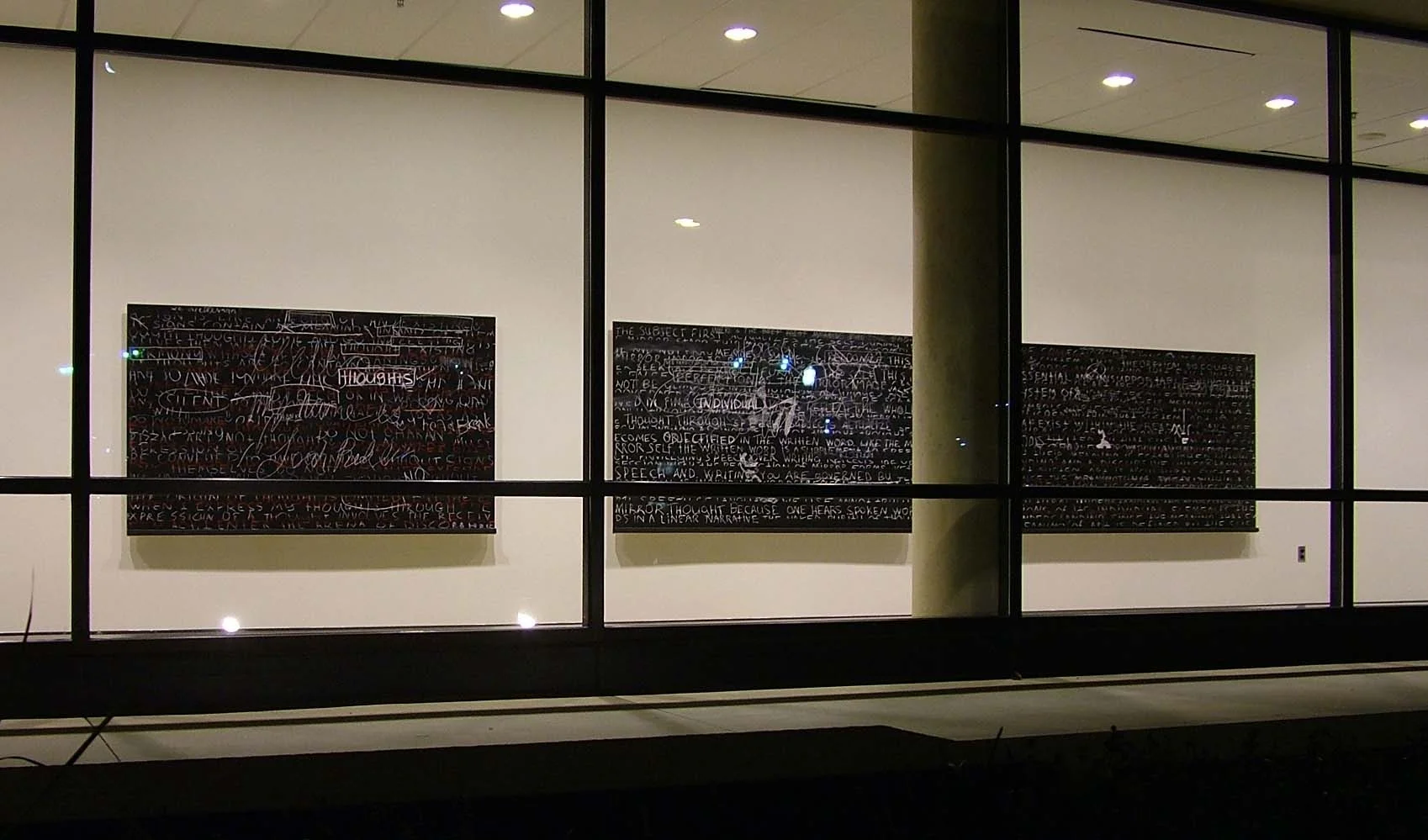 Logocentric Playground ; 2006; blackboard paint; chalk, pastel, pencil on three birch panels; approximate dimensions: H48"xW252" Participatory installation at American University Museum at Katzen Arts Center, Washington, DC.