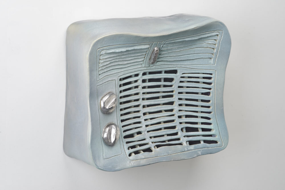 Cooling Down Ceramic, glaze, paint on canvas, white gold overglaze 17 x 20 x 7 inches 2018