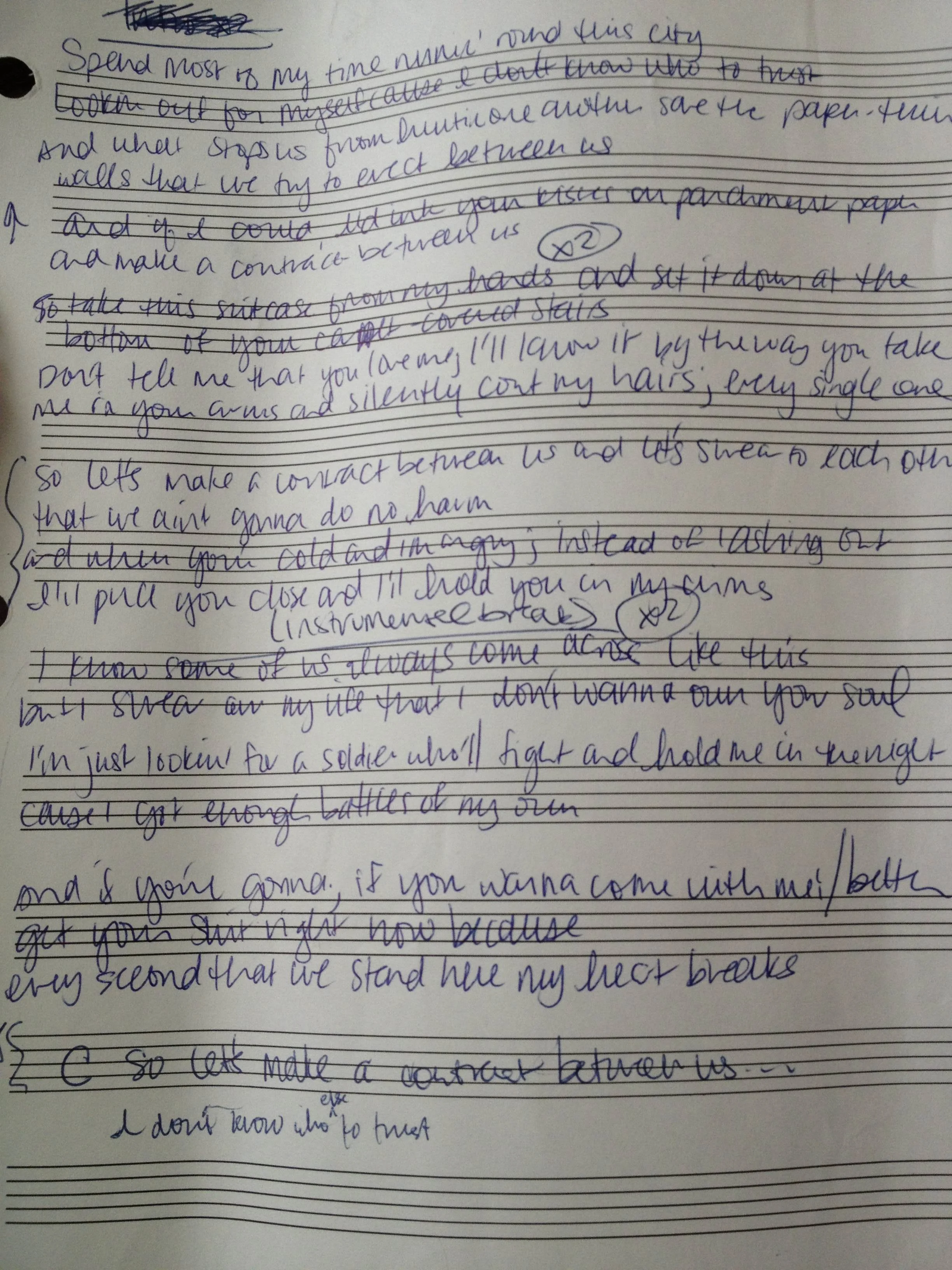 original lyric sheet - Contract Between Us