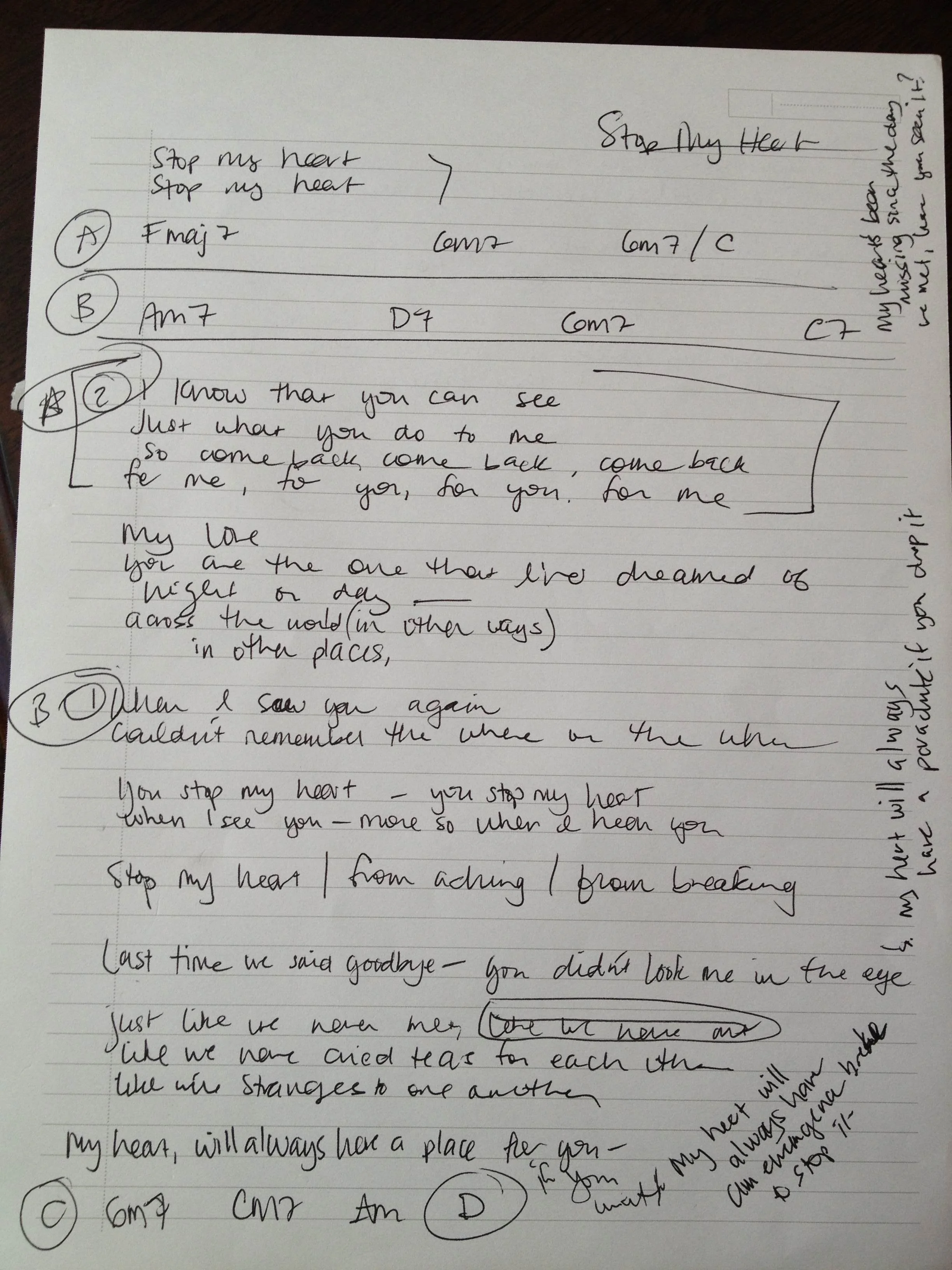 original lyric sheet - Stop My Heart