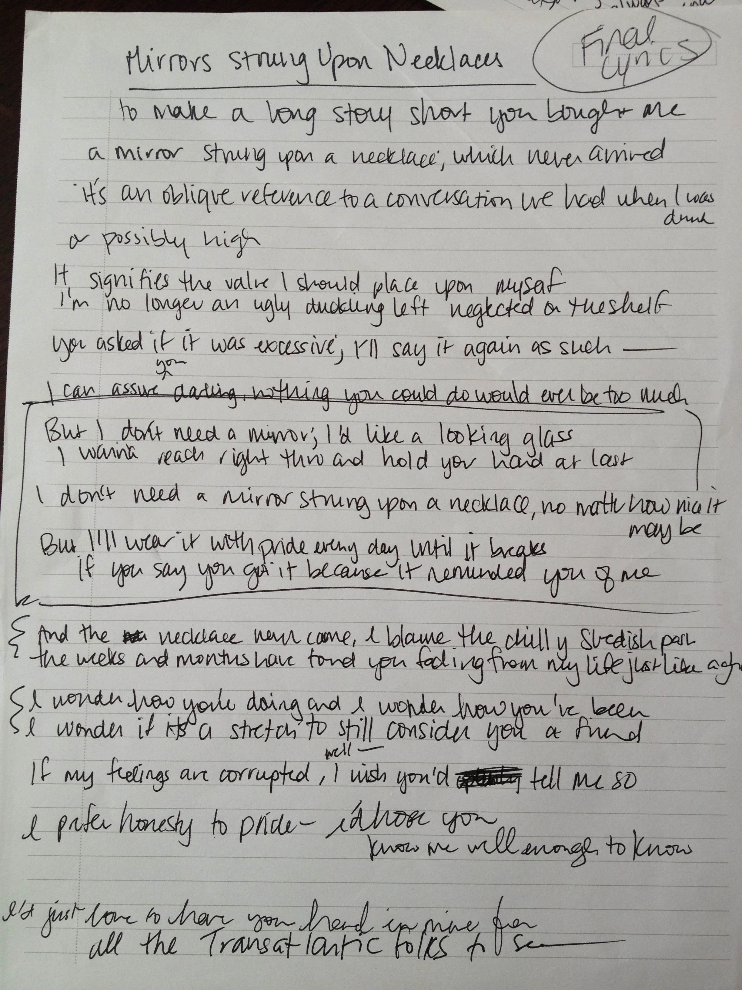 original lyric sheet - Mirrors Strung Upon Necklaces