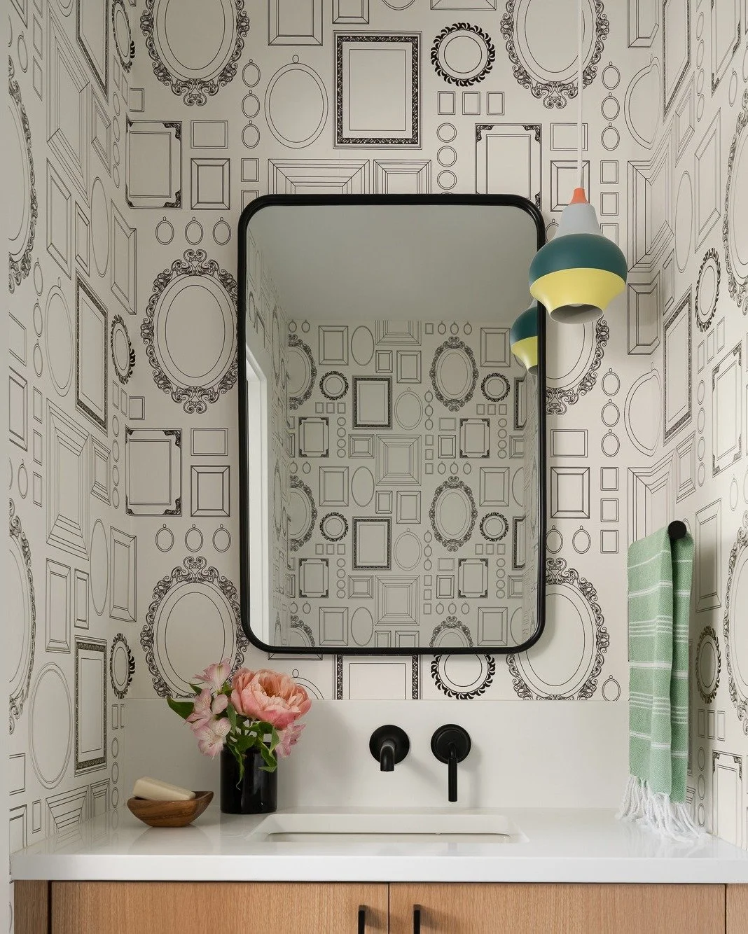 I like to think of this space as a Before, even though it's, of course, After design &amp; construction. As you can see, the Frames wallpaper is empty. This is the powder at our #unionvillefamilycentral project - a home designed and built for family 
