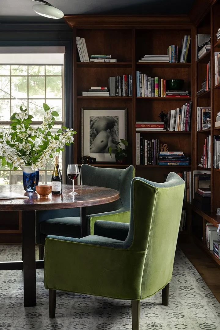 a-good-vintage-office-library-wine-table-doorway-library-green-velvet-chair.jpg