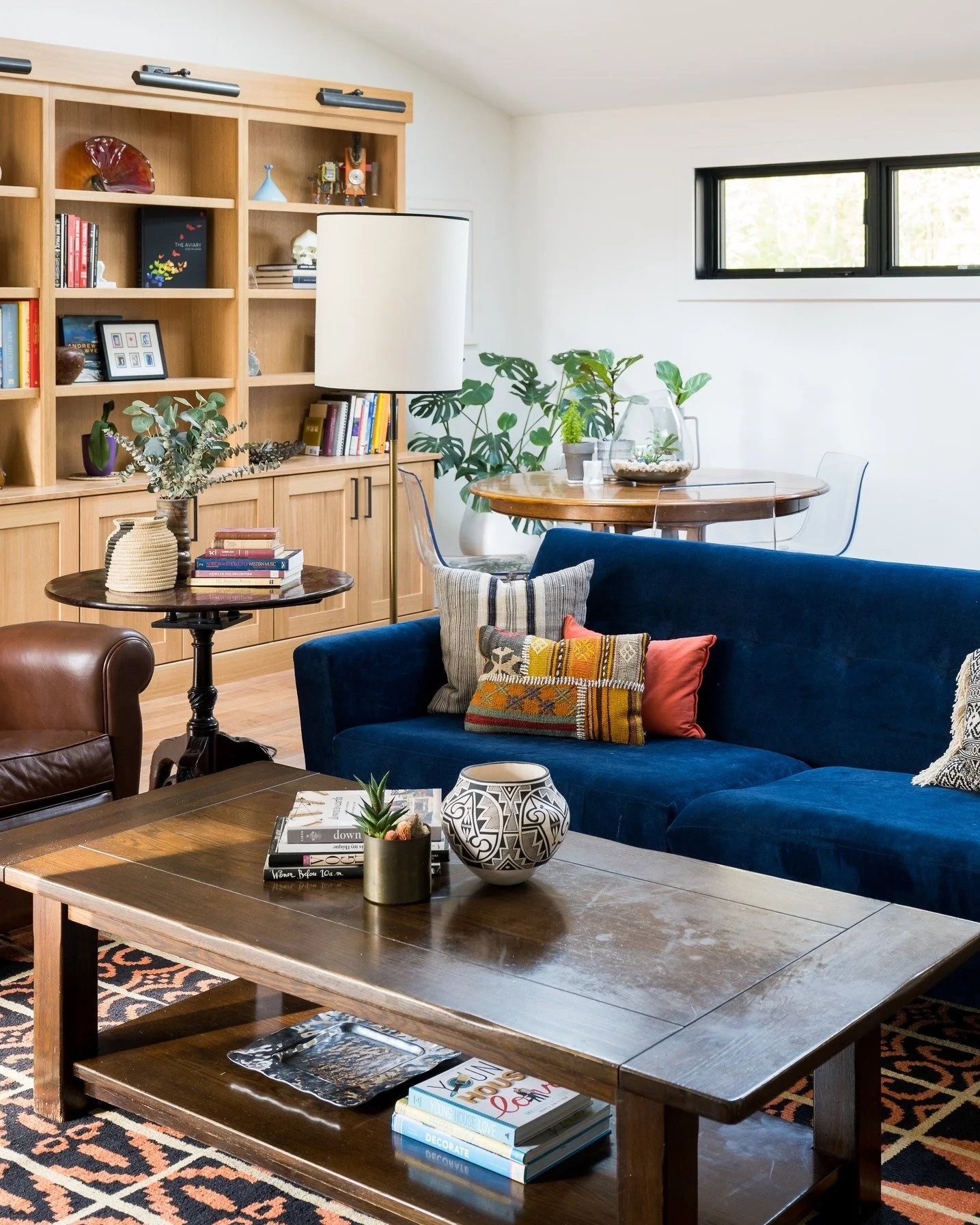 We haven't posted this charming living room in a long while! Part of an addition on a  limestone ranch (you guessed it, mid-century) on the east side of Bloomington, it connects the kitchen/dining in the original footprint, to a new ensuite wing. We 
