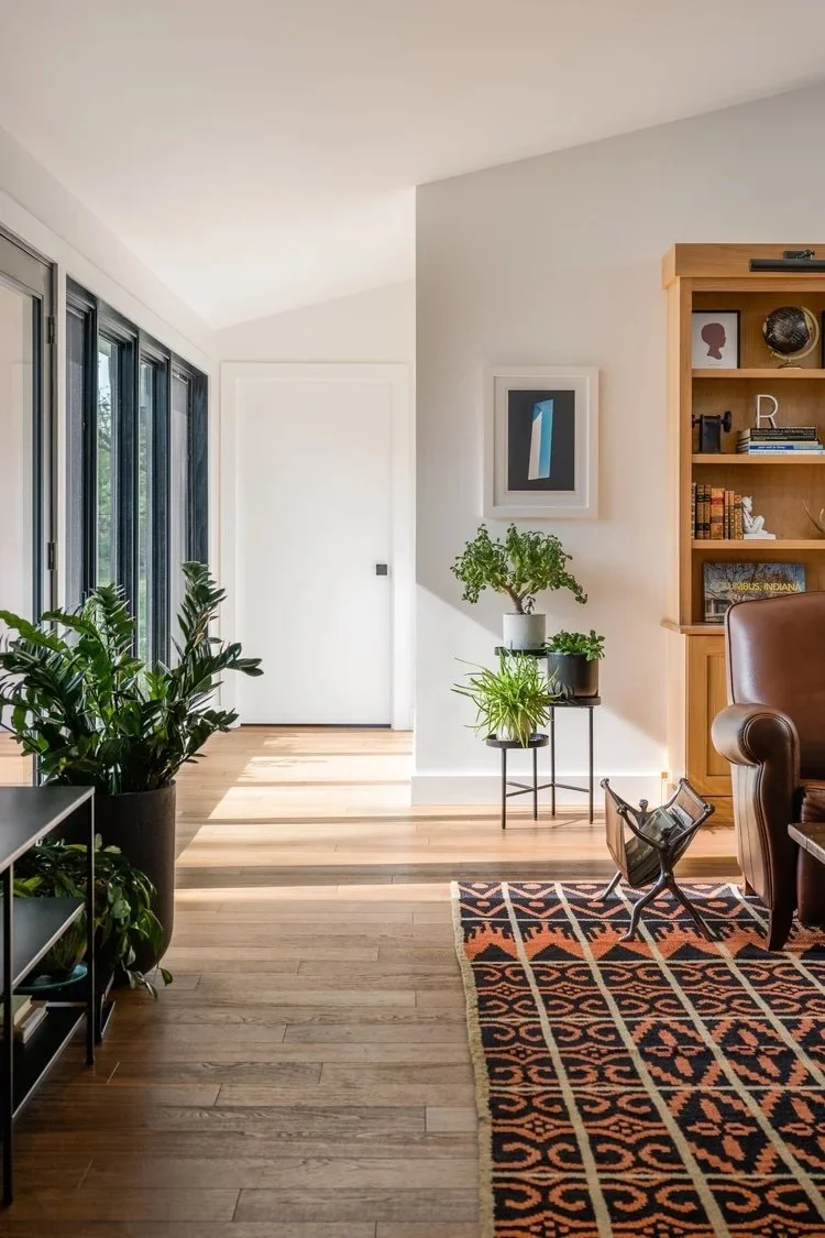 Hallway of a ranch home with plats and black framed windows