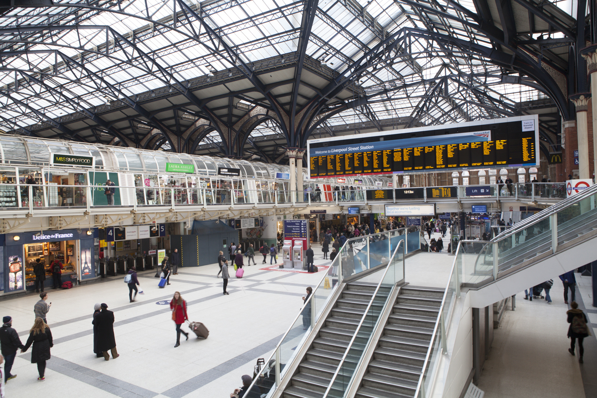 The market is near Liverpool street station, one of the large train stations of London.
