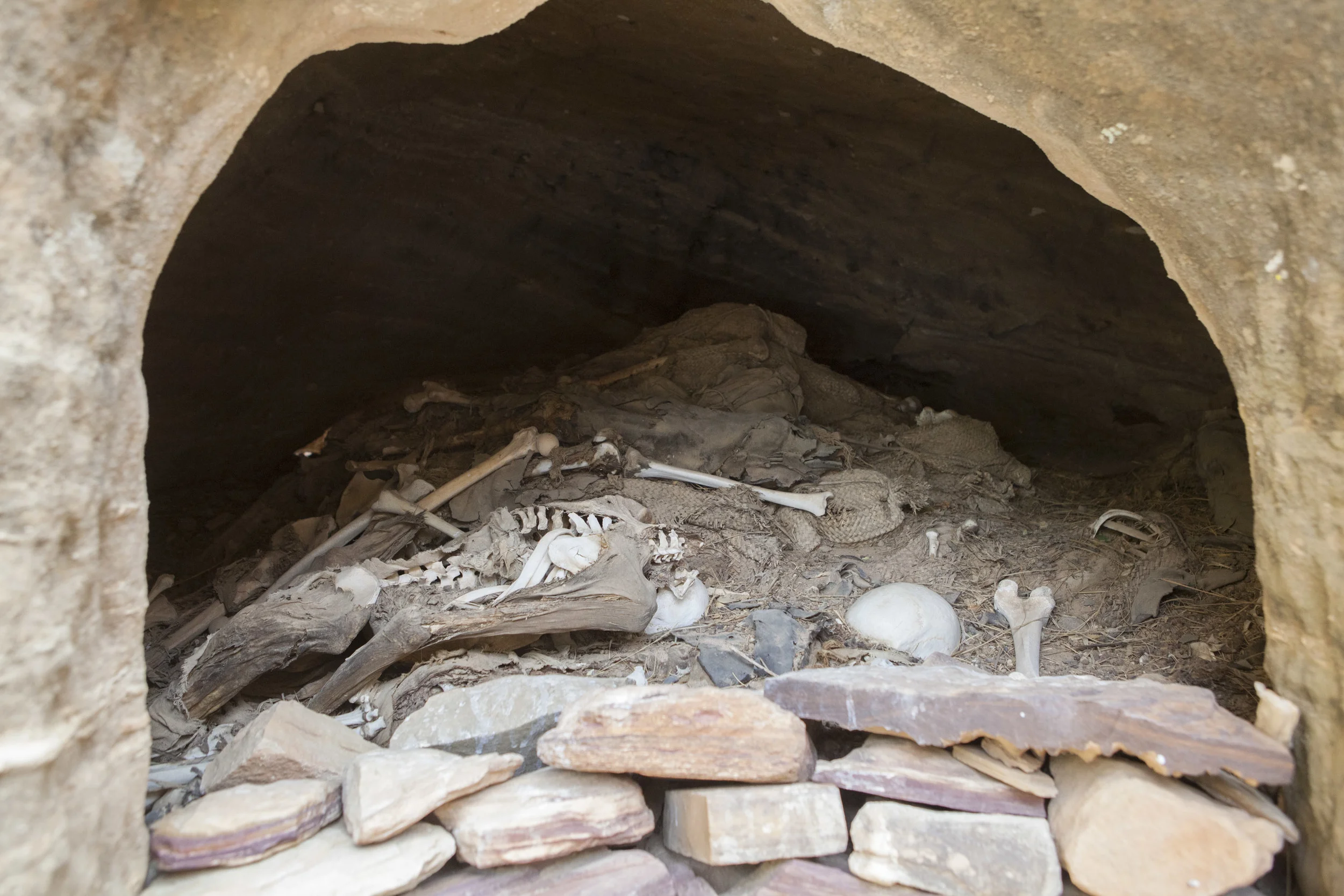 Human remains are pictured in an open air tomb at the top of Abuna Yemata Church.
