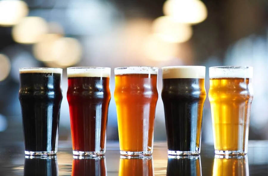 Visual guide to beer types, colors and suggested food pairings.