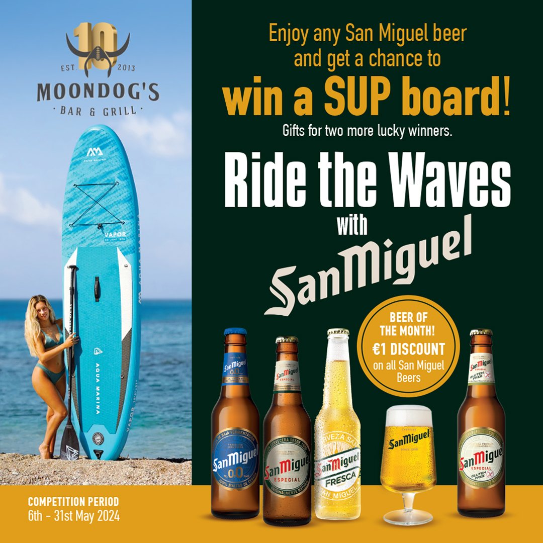 Grab the opportunity and ride the waves with San Miguel Beer 🍻
From 6th - 31st of MAY, enjoy any San Miguel beer and get a chance to win a SUP board 🌊🏄&zwj;♂️

Special gifts for more lucky winners 🤙
Do not miss this ✔
.
.
.
#moondogscy #sanmiguel